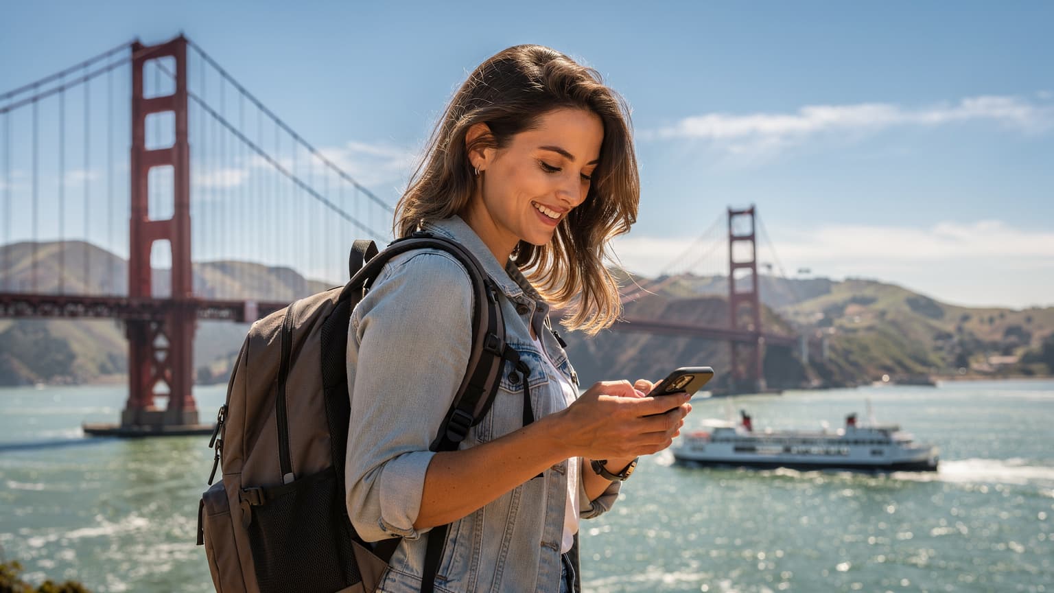 Mladá žena s batohem a telefonem v ruce, usmívá se na pozadí ikonického mostu Golden Gate Bridge v San Franciscu za jasného slunečného dne, zatímco v pozadí proplouvá loď.