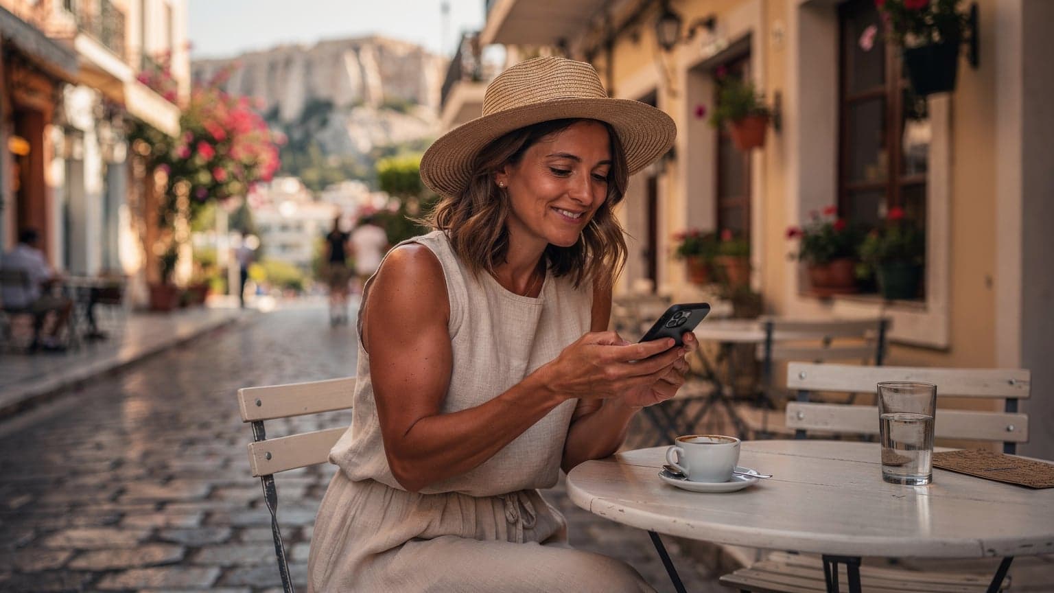 Een vrouw met een zonnehoed kijkt ontspannen naar haar telefoon op een terrasje in de oude stad van Athene, met de Akropolis in de verte, terwijl ze geniet van een Griekse koffie.