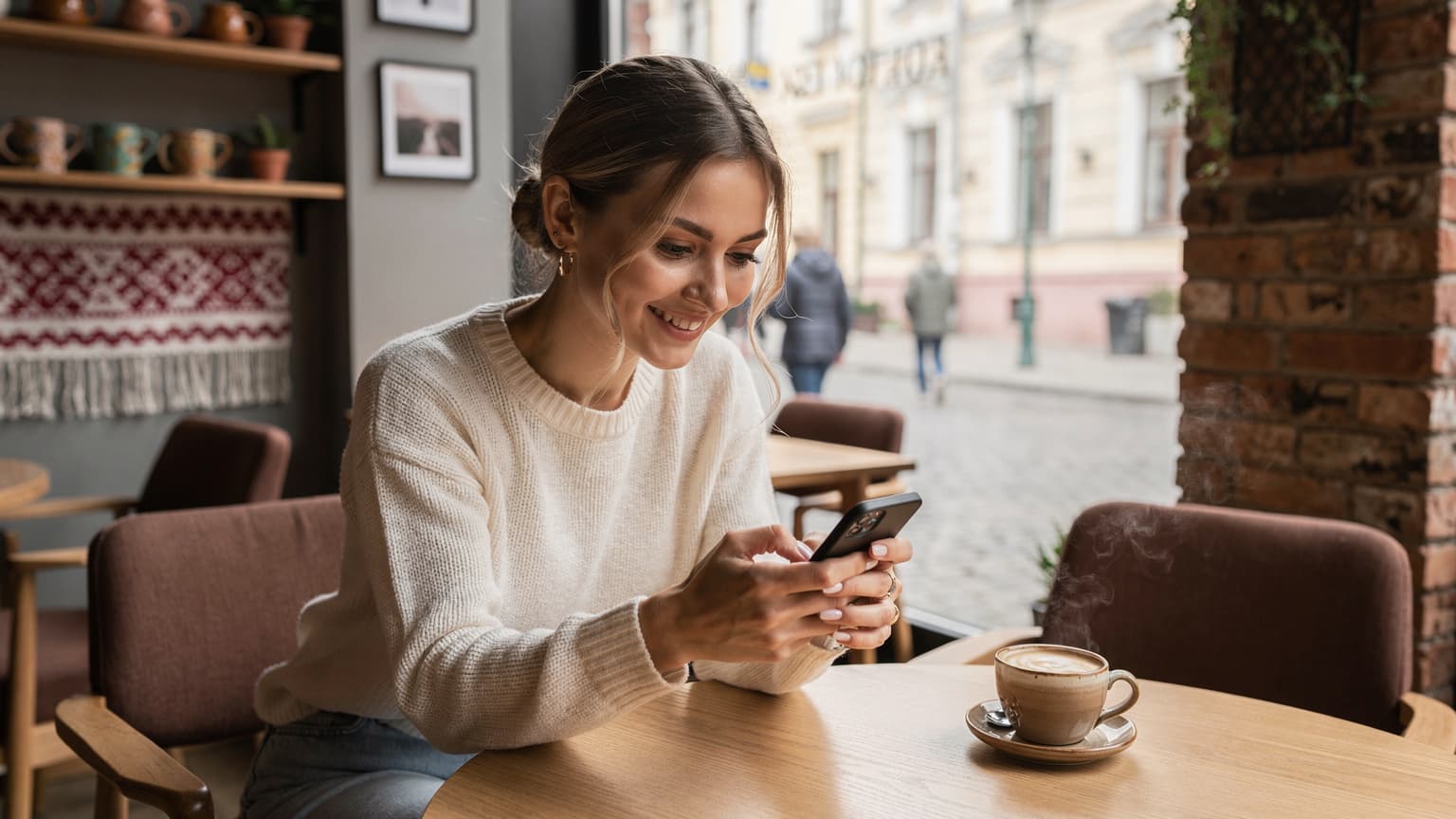 Жінка переглядає щойно активовану eSIM на своєму смартфоні, сидячи за столиком у затишному кафе в історичному районі Подолу в Києві, її обличчя освітлене м'яким ранковим світлом, що проникає крізь вікно.