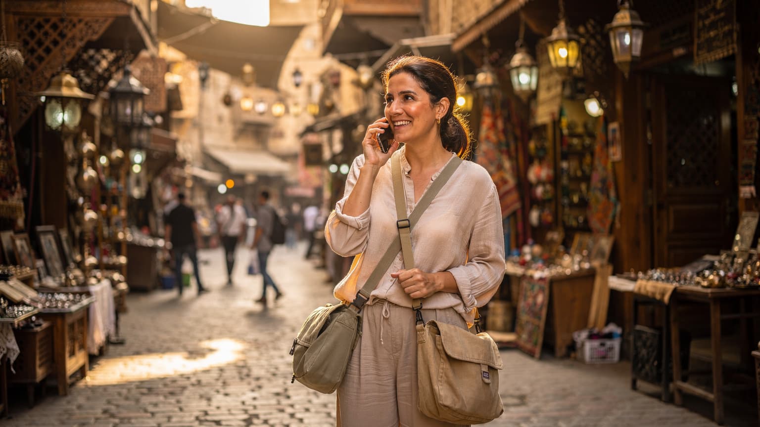 A woman confidently uses her smartphone to make a call, standing on a bustling street in the Khan el-Khalili market in Cairo, Egypt, with vibrant stalls and historic architecture in the background.