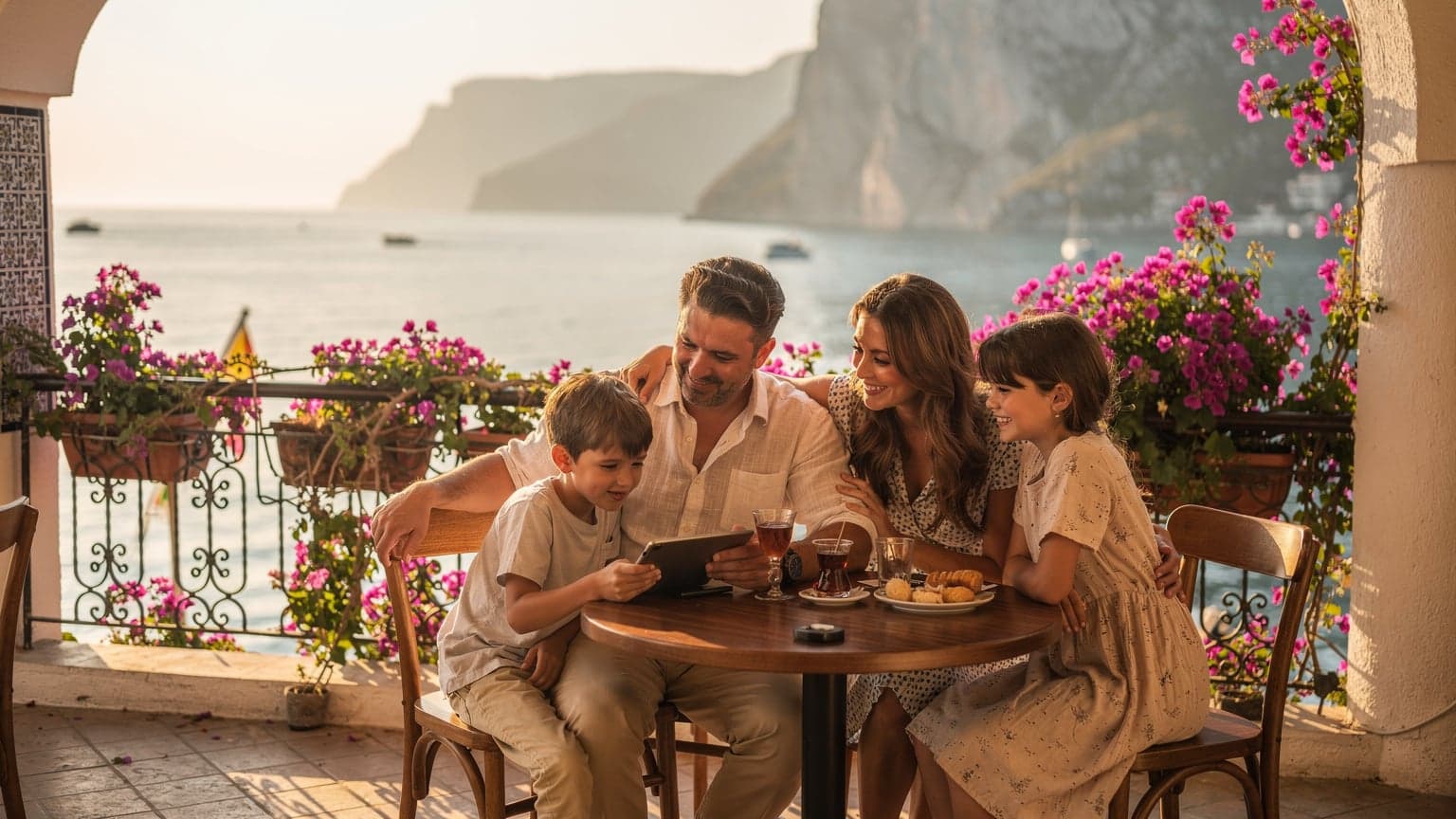 Een familie met twee kinderen, ouders en twee kinderen van ongeveer 8 en 11 jaar oud, die ontspannen op een terras aan de kust van Antalya, Turkije, met uitzicht op de Middellandse Zee. De vader houdt een tablet vast waar een kind naar kijkt.