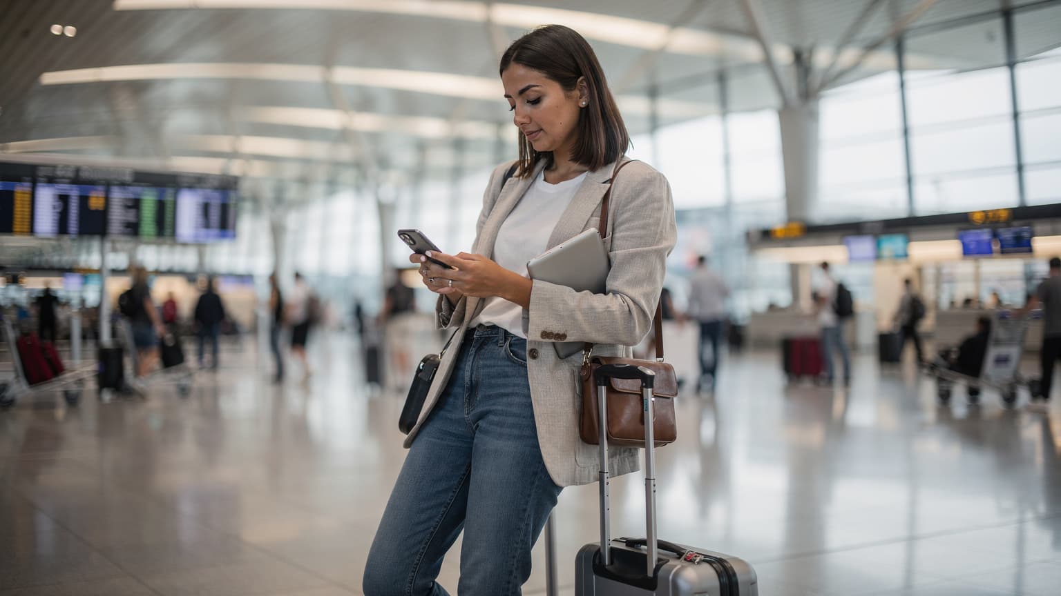 A woman stands in a bustling international airport terminal, looking thoughtfully at her smartphone with a travel backpack at her feet, considering her connectivity options.
