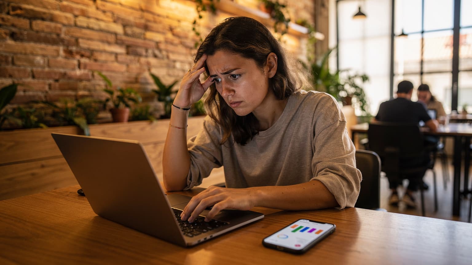 A woman sits in a bustling co-working space in Lisbon, Portugal, looking intently at her laptop with a smartphone next to it, illustrating the challenge of working with limited data speed.