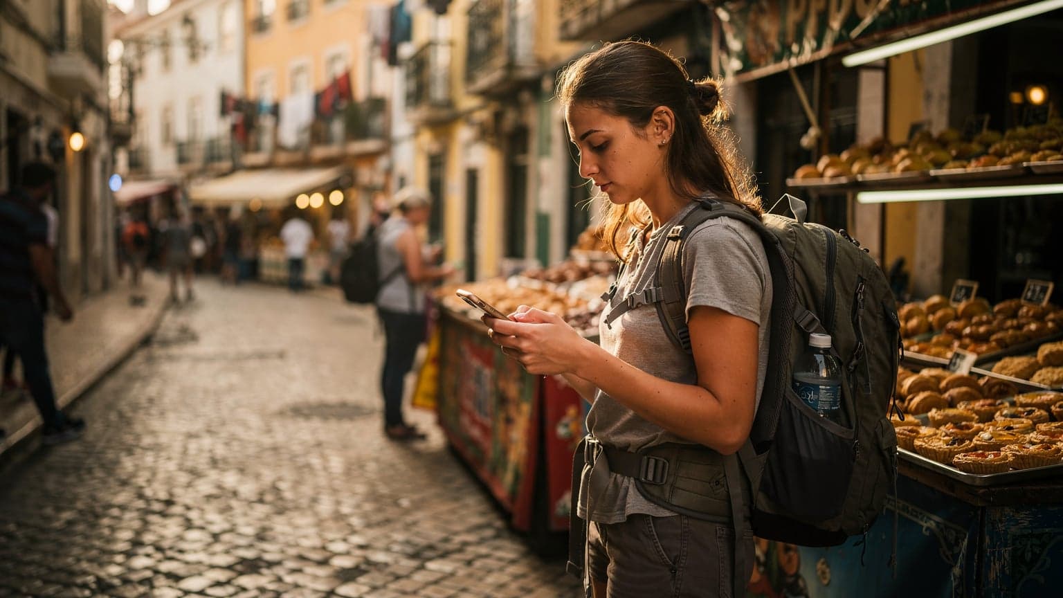 A young female backpacker with a worn backpack checks her smartphone near a historical street food stall in Lisbon, Portugal, with sunlight illuminating the scene.