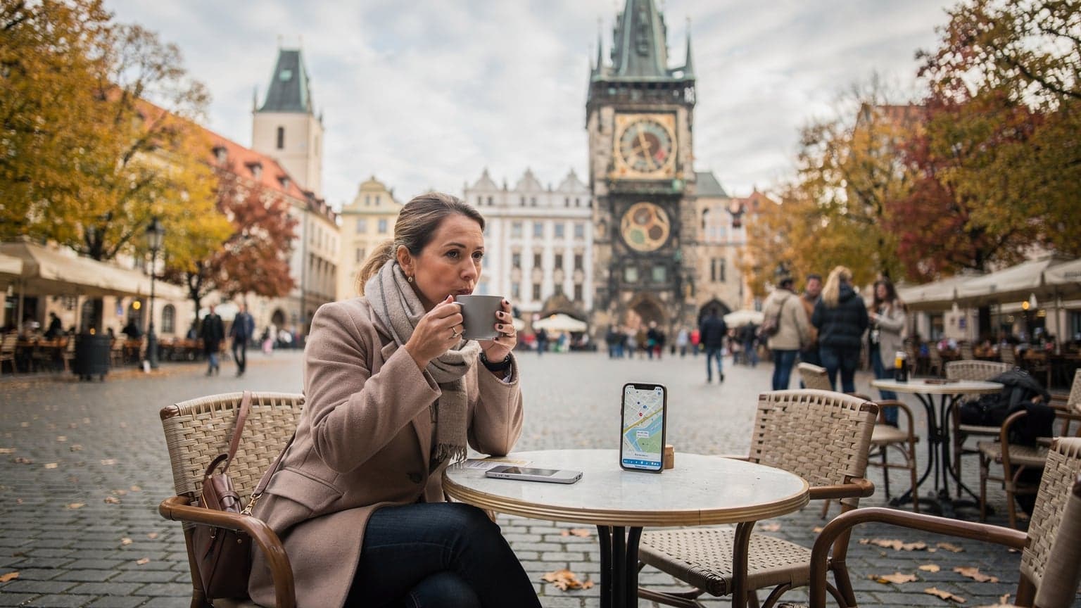 A woman sips coffee at an outdoor cafe in Prague's Old Town Square, her phone displaying a map, surrounded by autumn leaves and historic architecture.