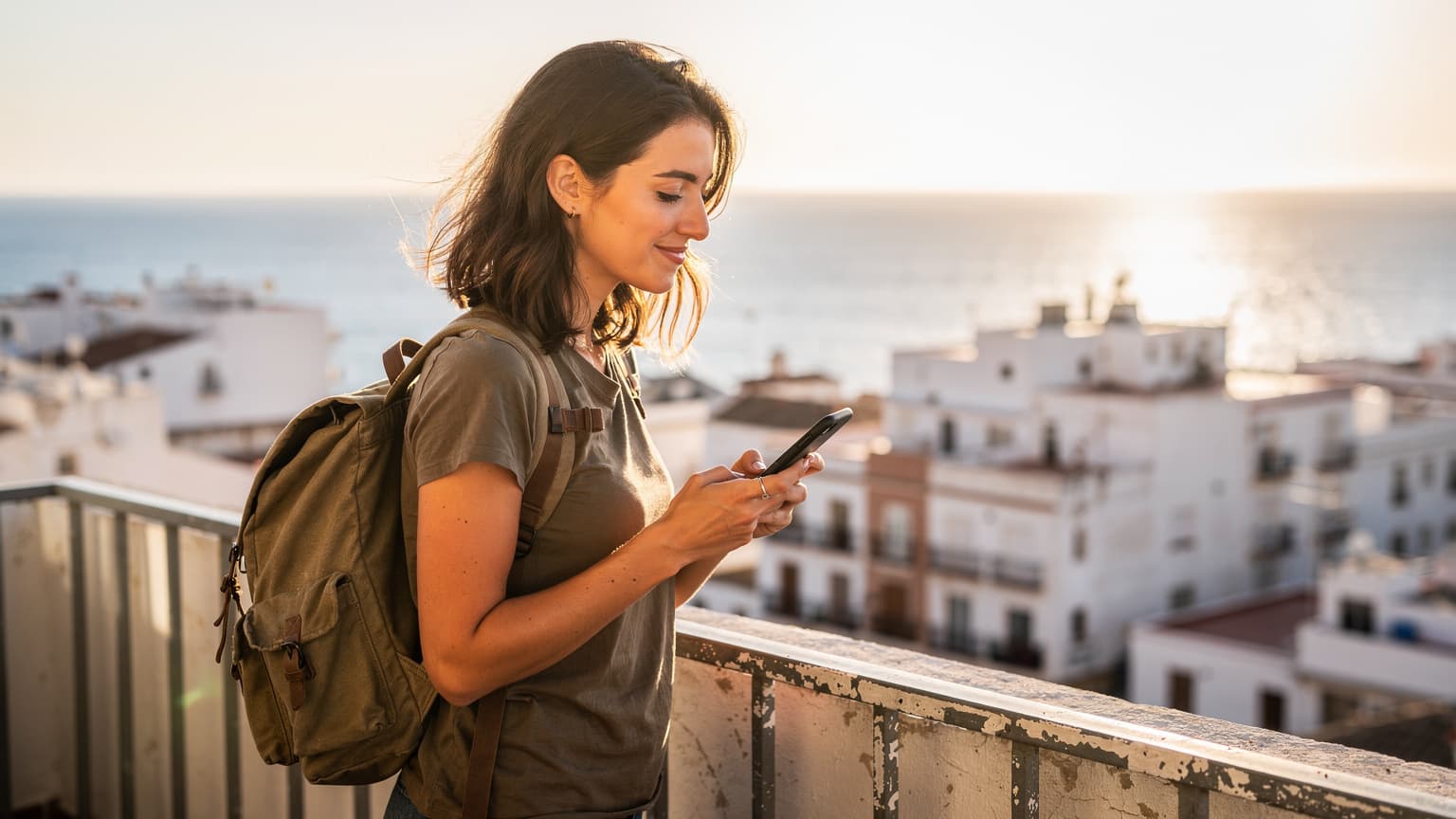 Una viajera joven con una mochila pequeña revisa su teléfono en el balcón de un hostel frente al mar en Málaga, disfrutando de la brisa marina al atardecer.