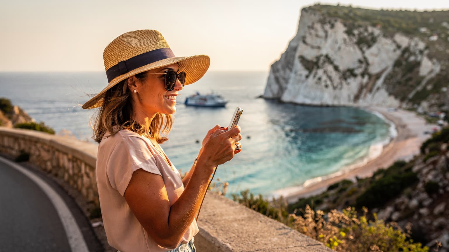 Μια γυναίκα κρατά το κινητό της τηλέφωνο και χαμογελά ενώ στέκεται σε έναν παραθαλάσσιο δρόμο με θέα το Ιόνιο Πέλαγος στην Κεφαλλονιά, με ένα φέρι μποτ να διακρίνεται στον ορίζοντα.