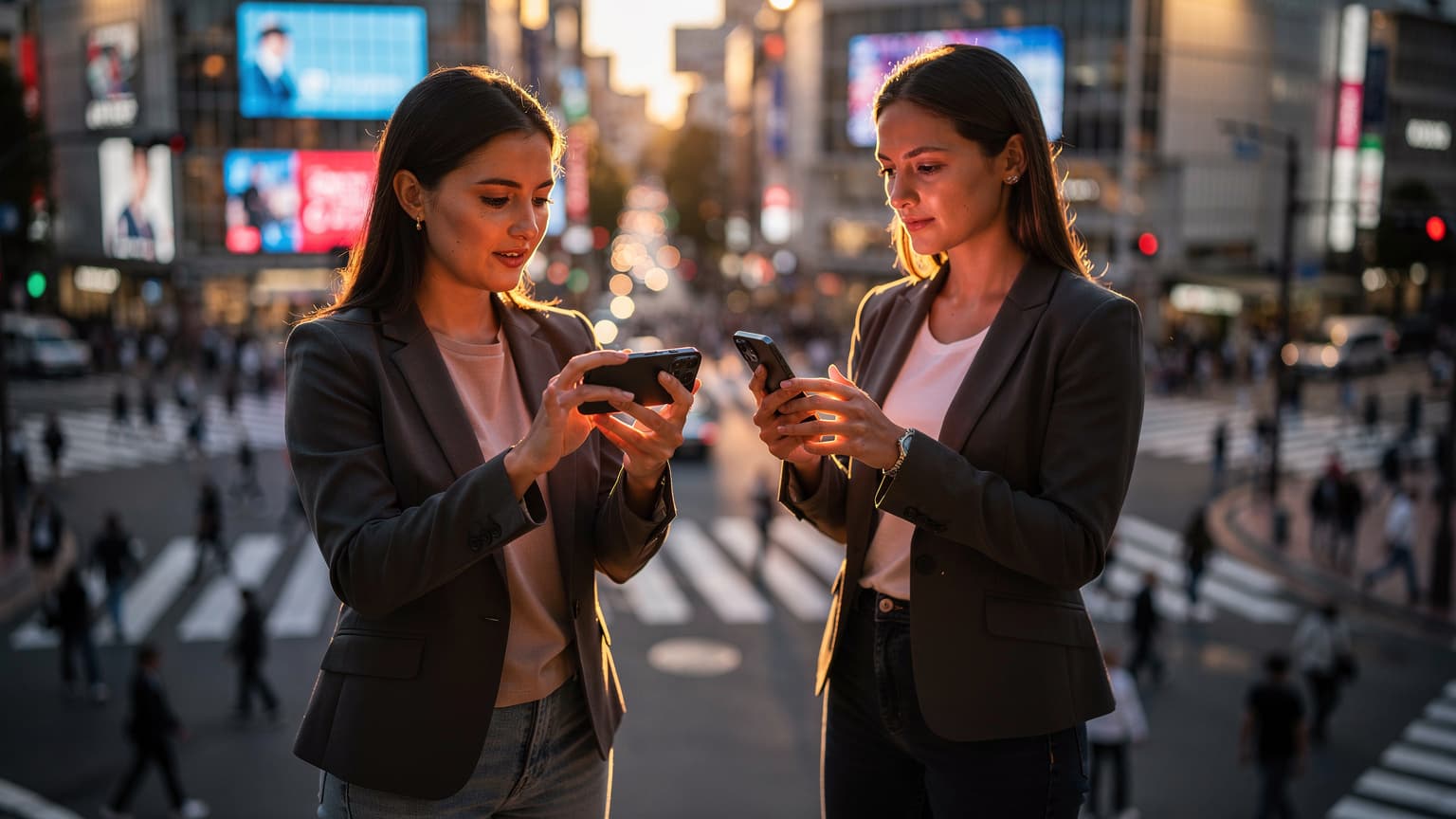 A woman holding a new iPhone 18, looking out over the bustling Shibuya Crossing in Tokyo at sunset, checking her device settings.