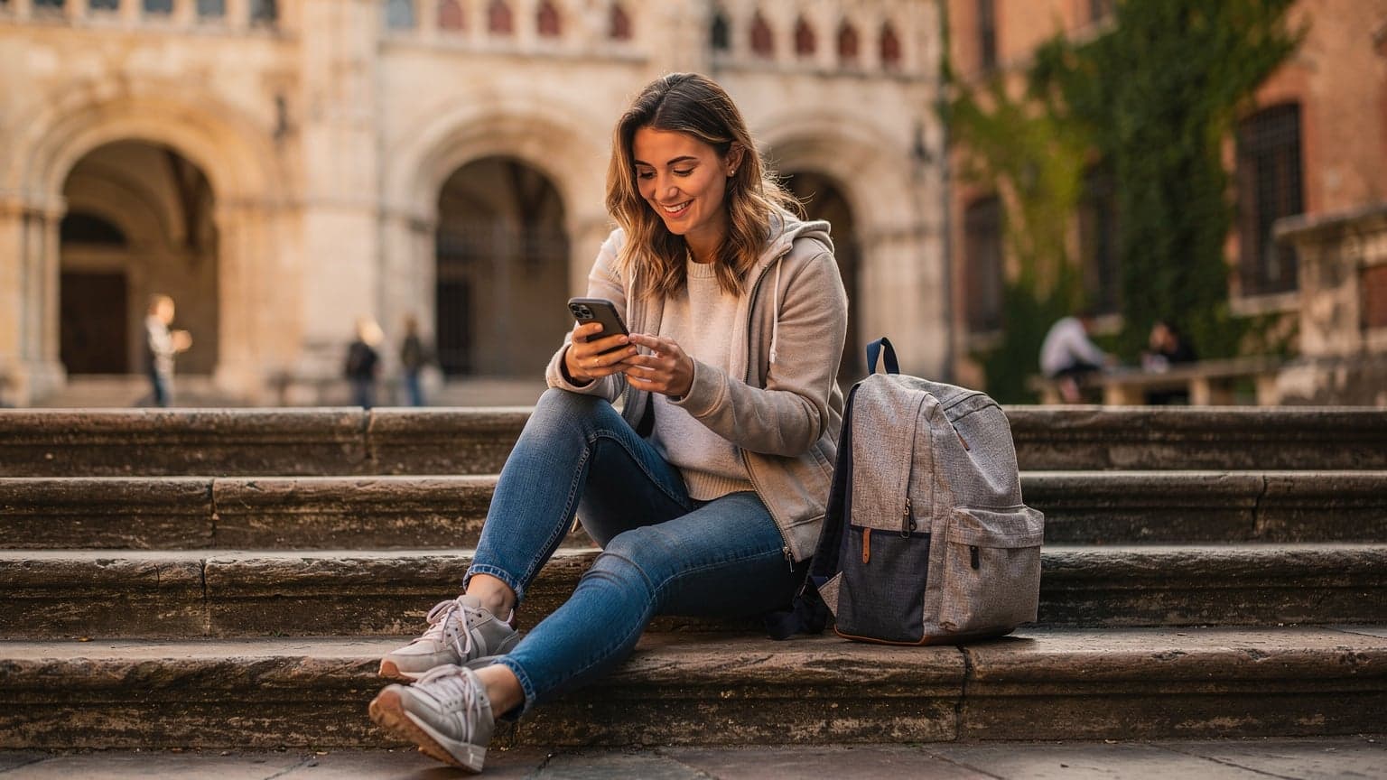 Uśmiechnięta studentka z plecakiem i smartfonem, siedząca na schodach kampusu uniwersyteckiego w Lyonie, na tle zabytkowej architektury, przeglądająca mapy na telefonie.