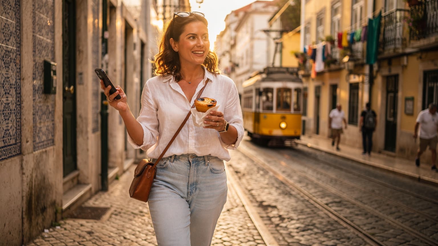 Uma mulher sorridente, com óculos de sol na cabeça, segura um iPhone 18 em uma das mãos e um pastel de nata na outra, enquanto caminha por uma rua de paralelepípedos em Lisboa, com fachadas coloridas ao fundo e um bonde amarelo passando.