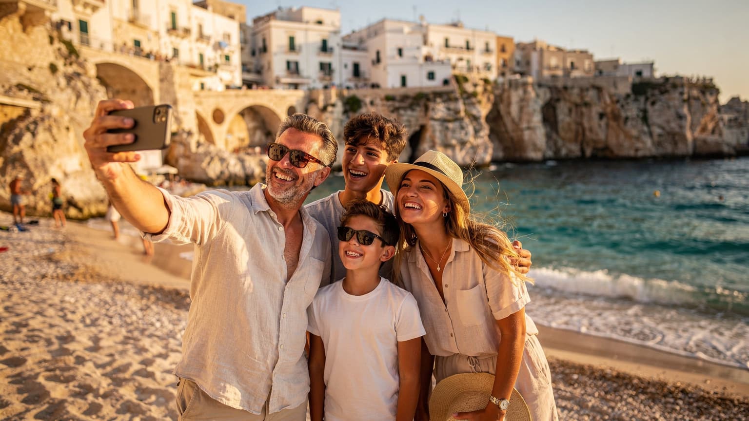 Una famiglia italiana sorride e scatta un selfie sulla spiaggia di Polignano a Mare, in Puglia, con il sole del tardo pomeriggio che illumina le scogliere e il mare Adriatico.