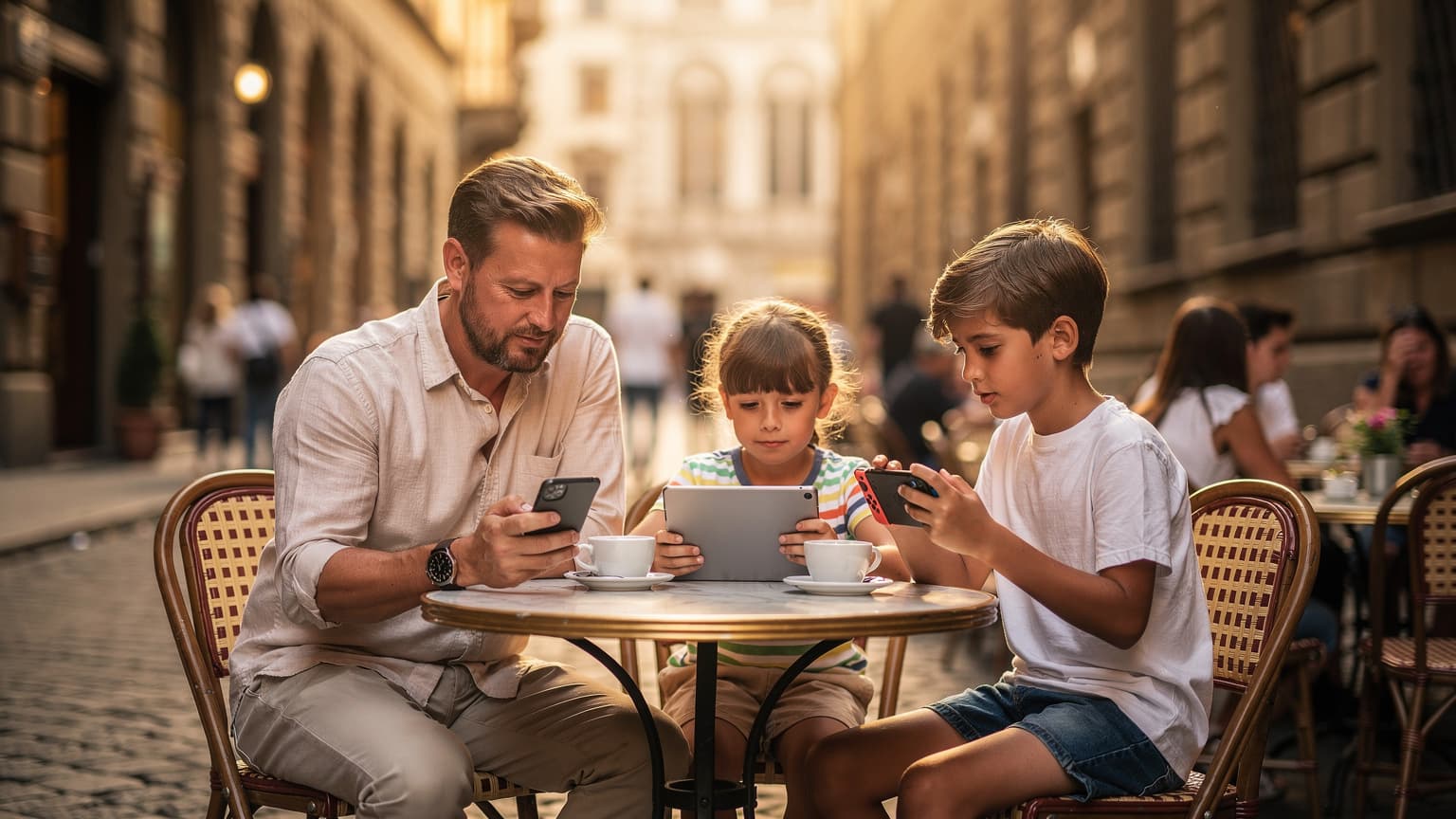 A family of four, parents and two children, happily looking at their iPhones and iPads while sitting at an outdoor cafe in Florence, Italy, with historic buildings in the background.