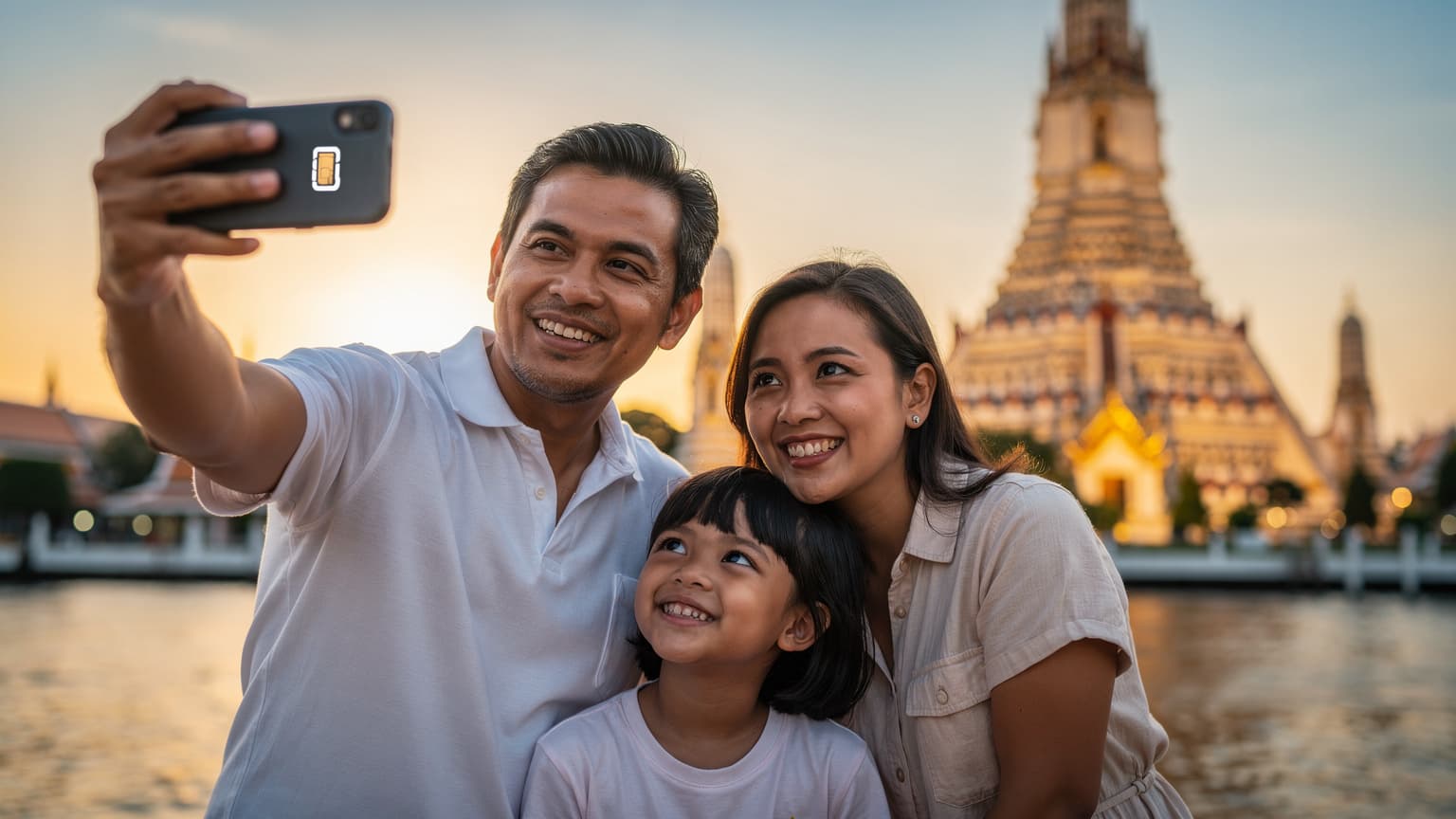 Keluarga Malaysia sedang mengambil swafoto di hadapan kuil Wat Arun di Bangkok semasa waktu senja, dengan telefon pintar yang memaparkan logo eSIM.