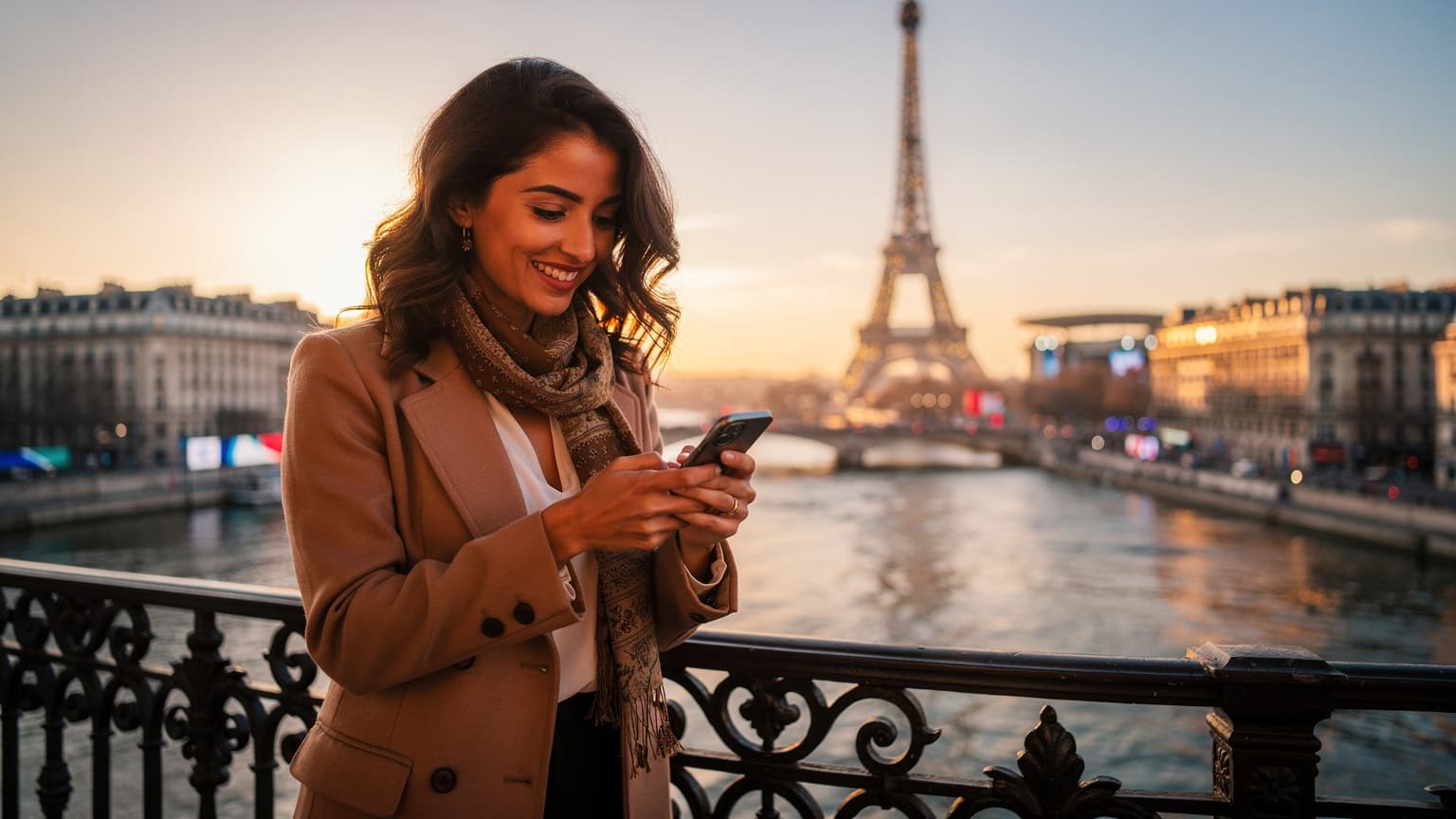 Una giovane donna italiana sorride mentre guarda il suo telefono, controllando i risultati delle gare, con la Torre Eiffel illuminata sullo sfondo al tramonto.