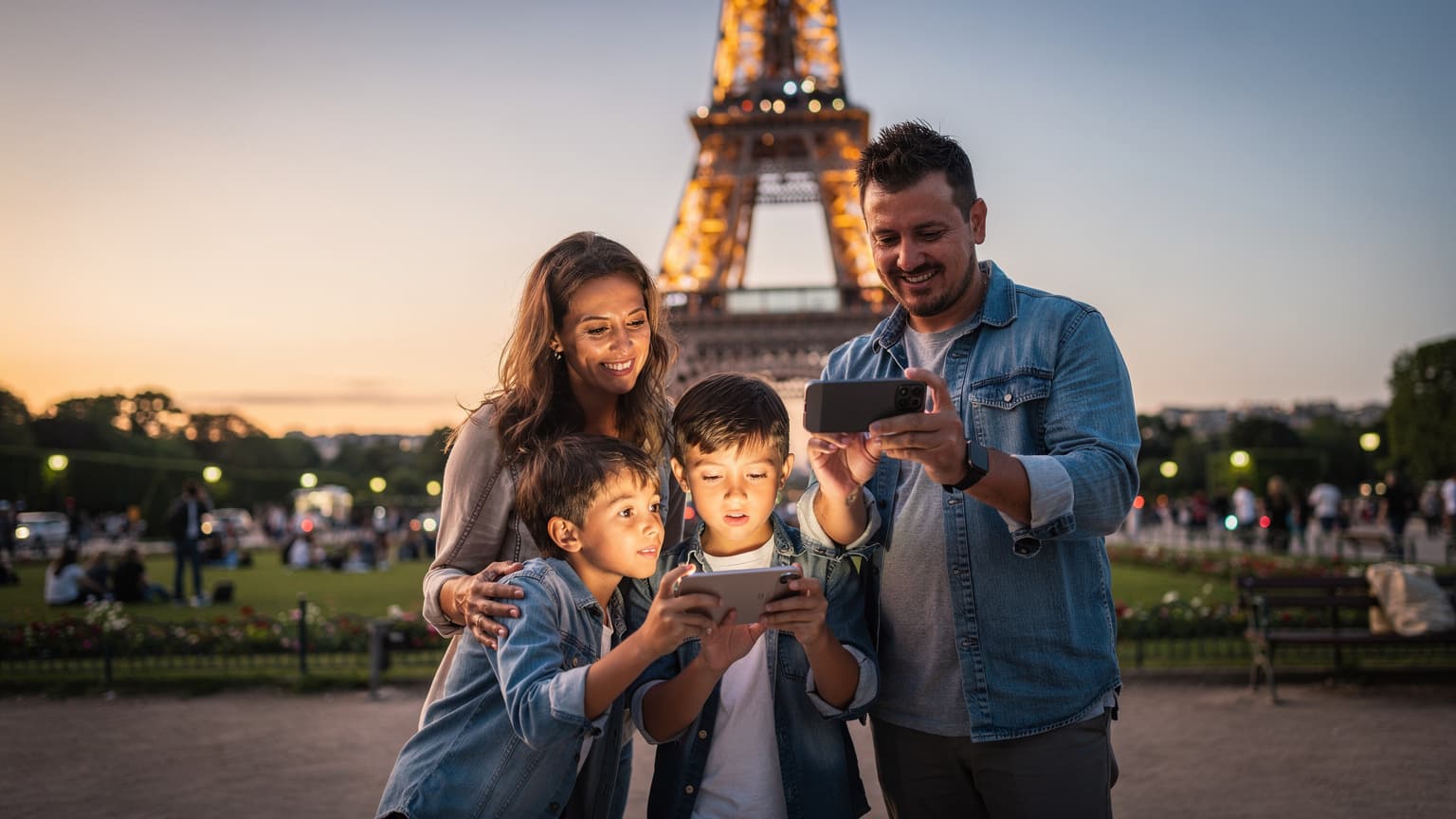 Una familia con dos niños pequeños mirando hacia la Torre Eiffel iluminada por la noche, sosteniendo un teléfono con la pantalla encendida, planificando su ruta en París.