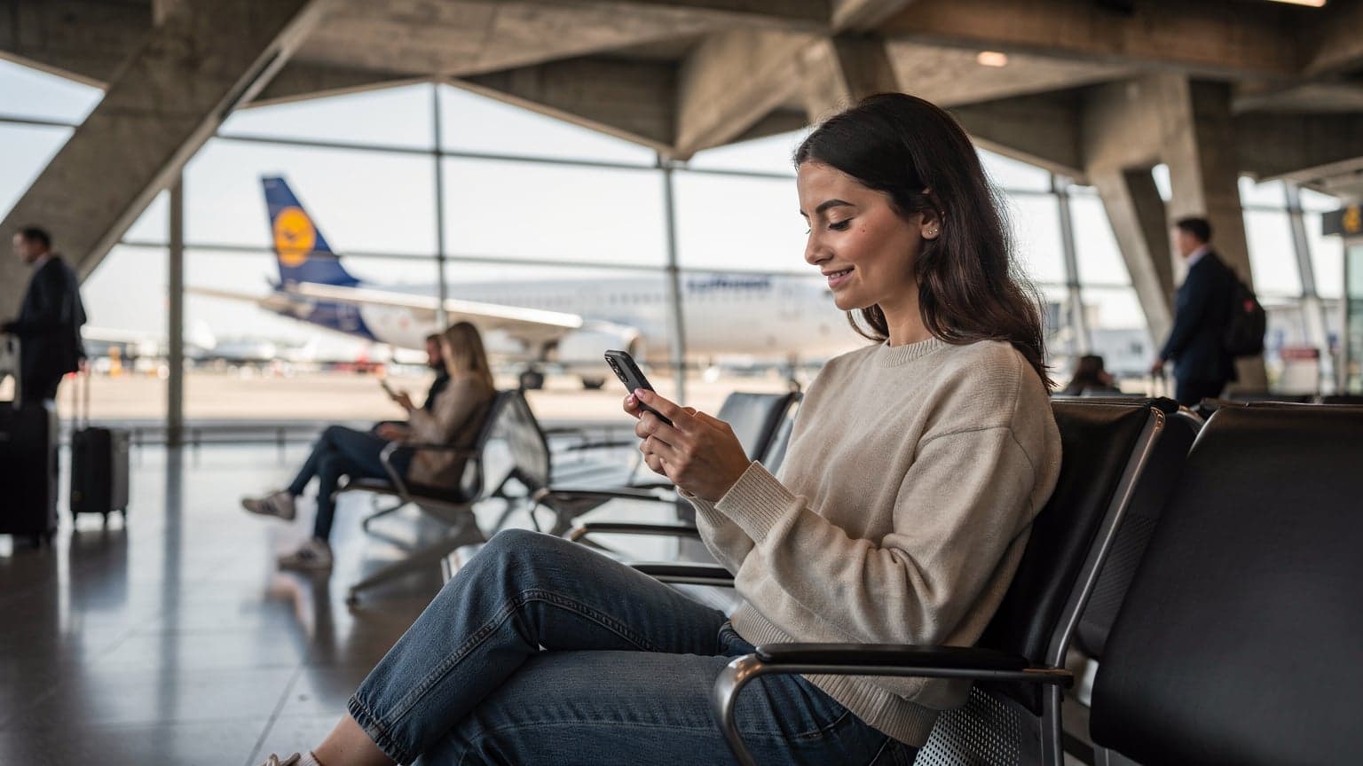 Eine junge Frau überprüft ihr Smartphone mit einer eSIM-Bestätigung, während sie am Flughafen Tegel in Berlin, Deutschland, auf ihren Last-Minute-Flug wartet.
