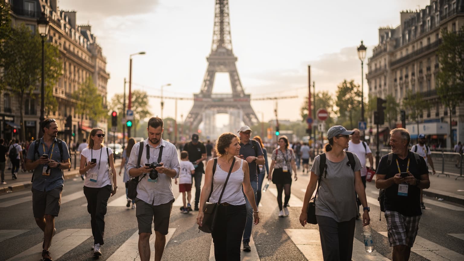 Une foule dense de spectateurs et de touristes se déplace près de la Tour Eiffel à Paris, avec des smartphones en main, symbolisant l'affluence des Jeux Olympiques.
