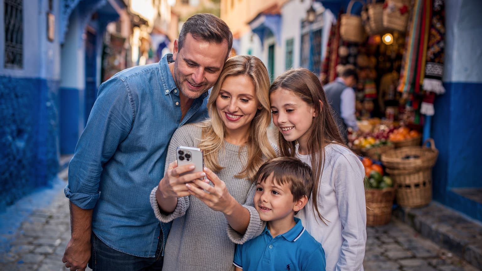 Rodzina z dwójką dzieci przeglądająca smartfon, stojąc na tle słynnych niebieskich ścian Chefchaouen, z widocznym rynkiem w tle.