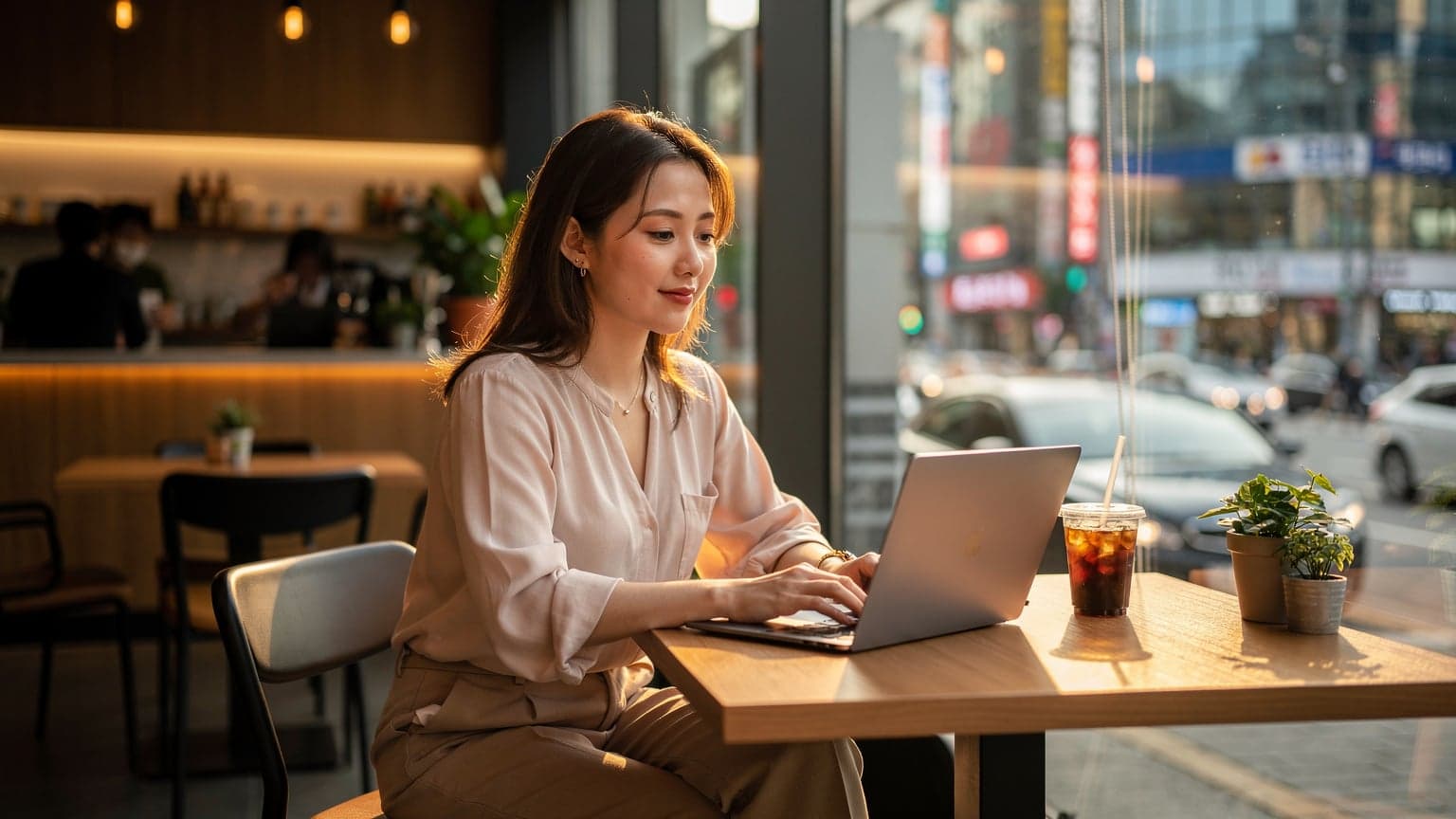 Eine junge Frau sitzt in einem geschäftigen Café in Gangnam, Seoul, und arbeitet an ihrem Laptop, während sie einen Kaffee trinkt und das geschäftige Treiben beobachtet.