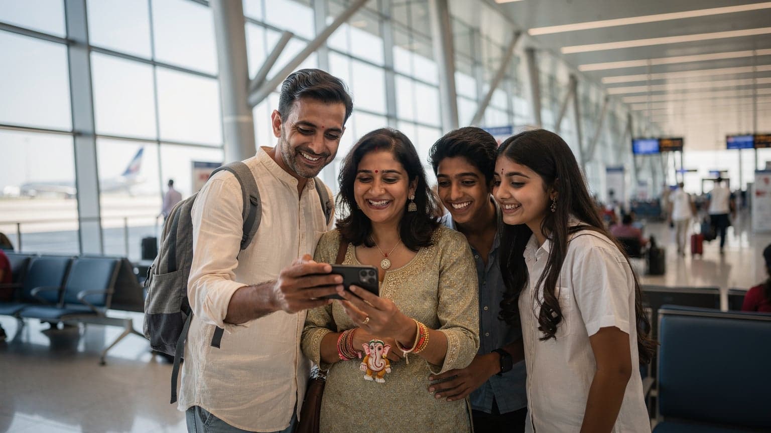 दुबई एयरपोर्ट पर एक भारतीय परिवार गणेश चतुर्थी के दौरान वीडियो कॉल पर बात कर रहा है, उनके हाथों में स्मार्टफोन और चेहरे पर खुशी है।