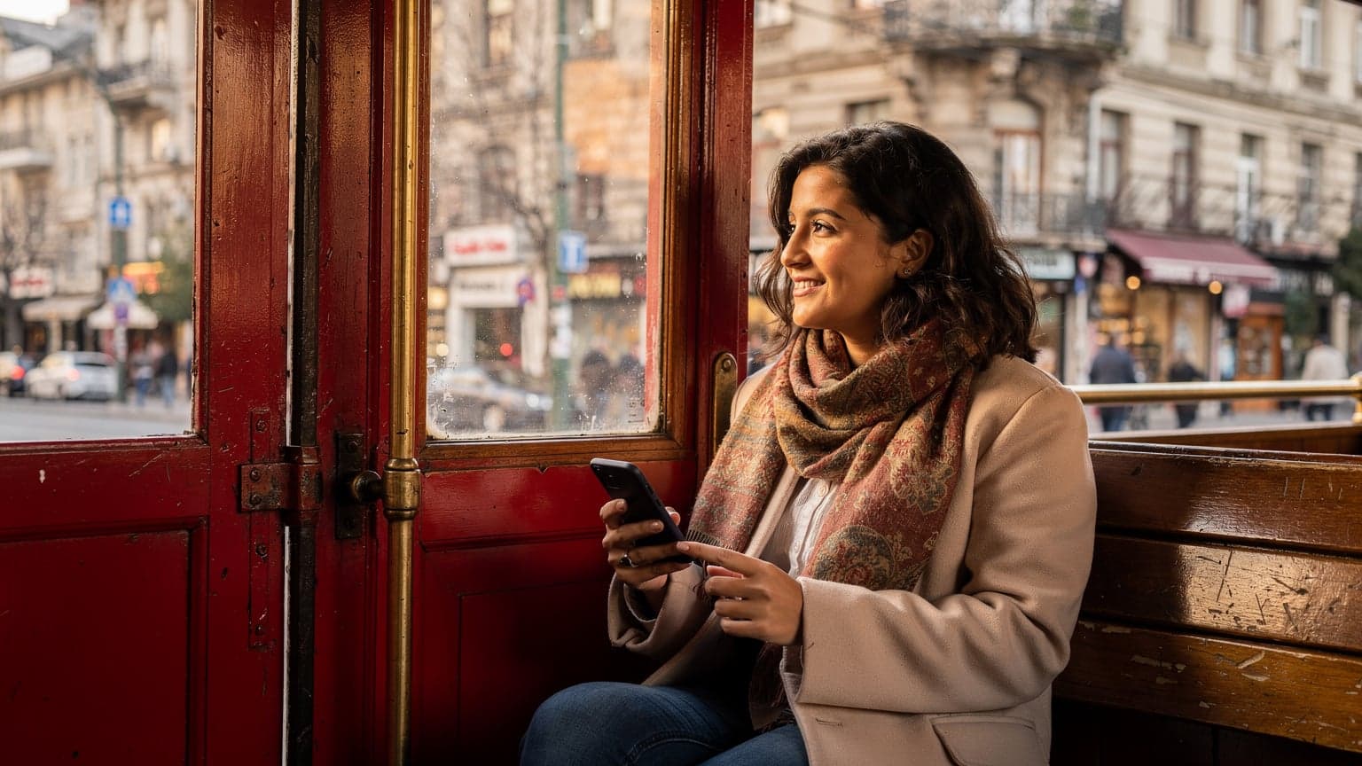 İstanbul'da tarihi bir tramvayda, pencereden dışarıyı seyreden bir kadın, elinde Cellesim uygulamasının yüklü olduğu akıllı telefonunu tutuyor.