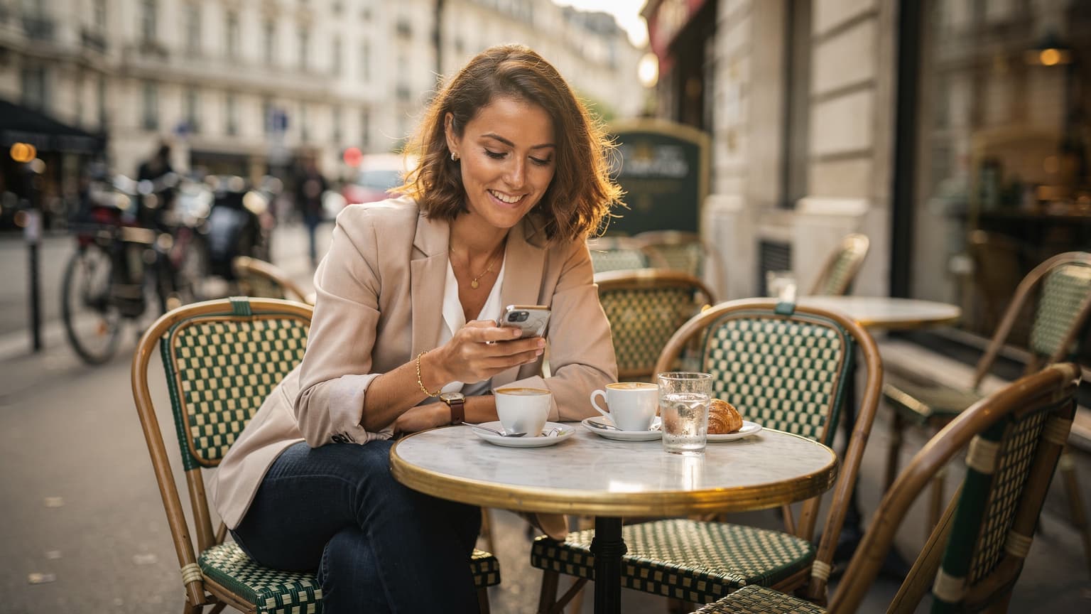 Une femme souriante, assise à la terrasse d'un café parisien typique avec des chaises en rotin, regarde son smartphone tout en sirotant un café, avec un arrière-plan flou de passants et de bâtiments haussmanniens sous un doux soleil de fin d'après-midi.