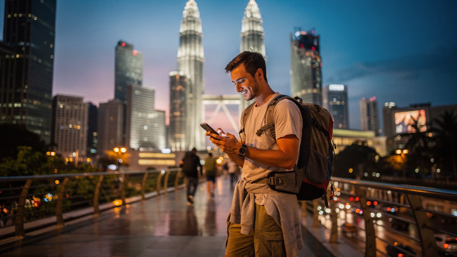 Seorang pengembara muda sedang melihat peta pada iPhone nya di hadapan Menara Berkembar Petronas yang megah pada waktu senja, dengan lampu kota yang mula menyala.