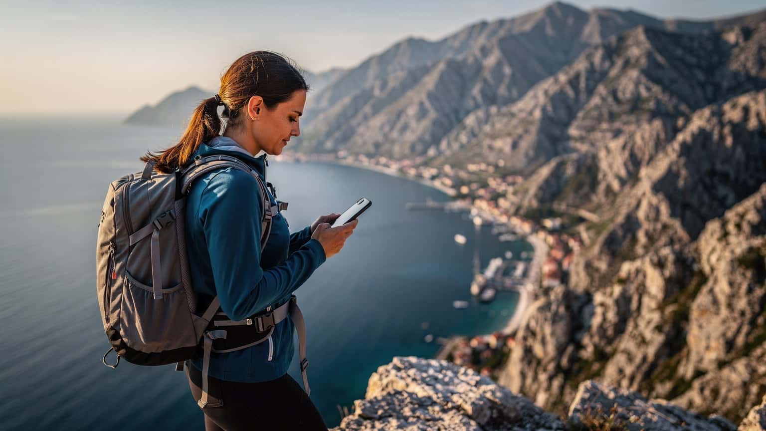 Cestovatelka s batohem na zádech si prohlíží telefon s aktivní eSIM na malebném útesu s výhledem na Jaderské moře v Černé Hoře během zlaté hodiny.