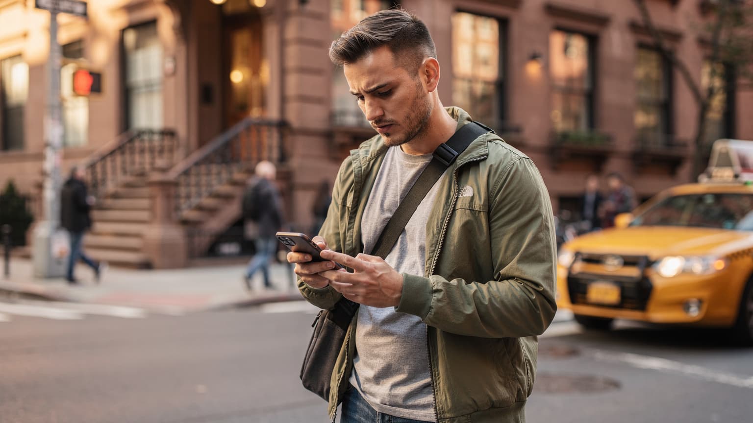 Mladý muž s batohem a telefonem v ruce kontroluje mapu u rušné ulice v New Yorku, s ikonickými žlutými taxíky v pozadí.
