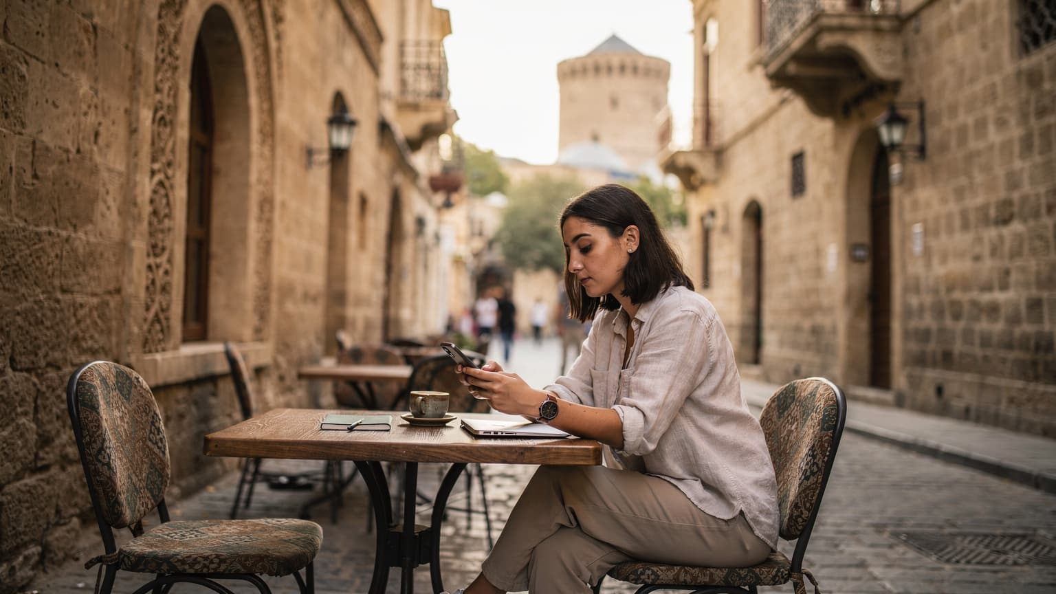 Eine junge Frau sitzt auf einer Terrasse in der Altstadt von Baku, Aserbaidschan, und schaut auf ihr Smartphone, während sie einen Kaffee trinkt.