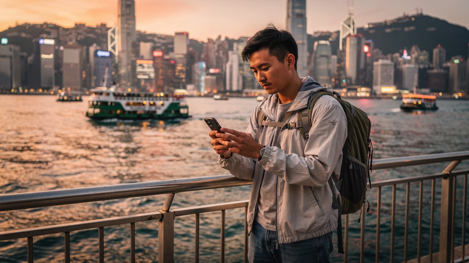 一名中國背包客在香港維多利亞港邊,手持iPhone查看地圖,背景是燈火輝煌的城市天際線和穿梭的渡輪,展現著旅行的活力。