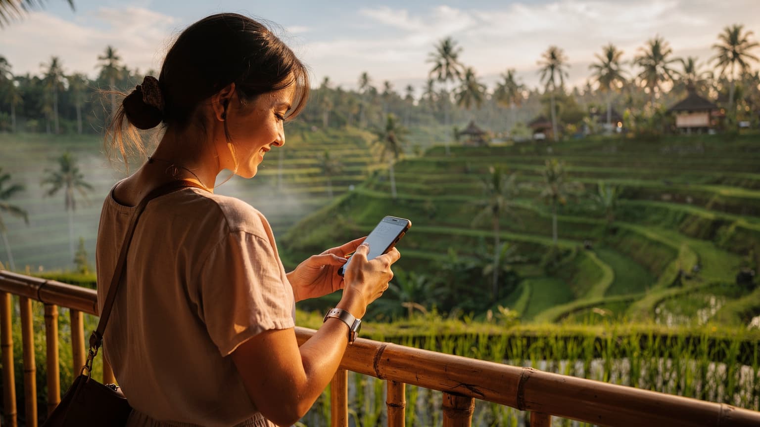 A woman traveler, wearing a wide-brimmed hat, is smiling while looking at her smartphone with the iconic lush green rice terraces of Ubud, Bali, in the soft morning light as a backdrop.