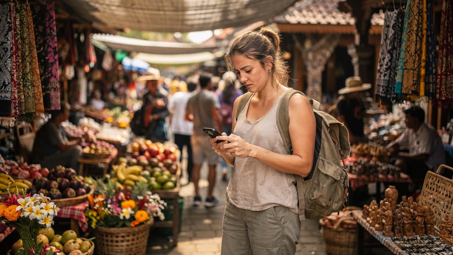 A backpacker woman in a wide-brimmed hat, checking her phone for data signal at a bustling local market in Ubud, Bali, surrounded by vibrant fruit stalls and woven baskets.