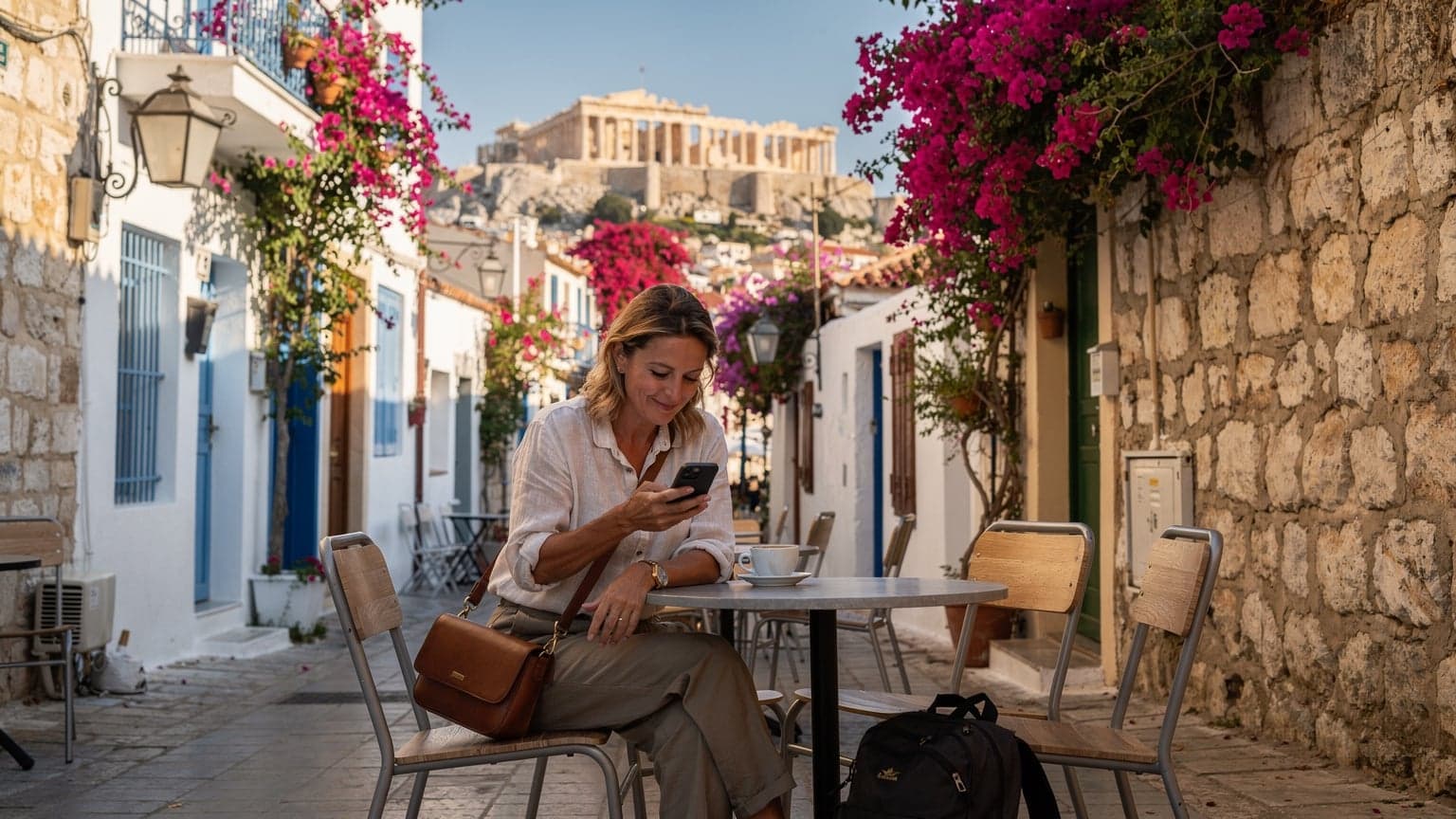 A seasoned female traveler, Sophie Clarke, in her late 30s, sips coffee at an outdoor cafe in the Plaka district of Athens, her smartphone displaying a network signal, with the Acropolis faintly visible in the background.