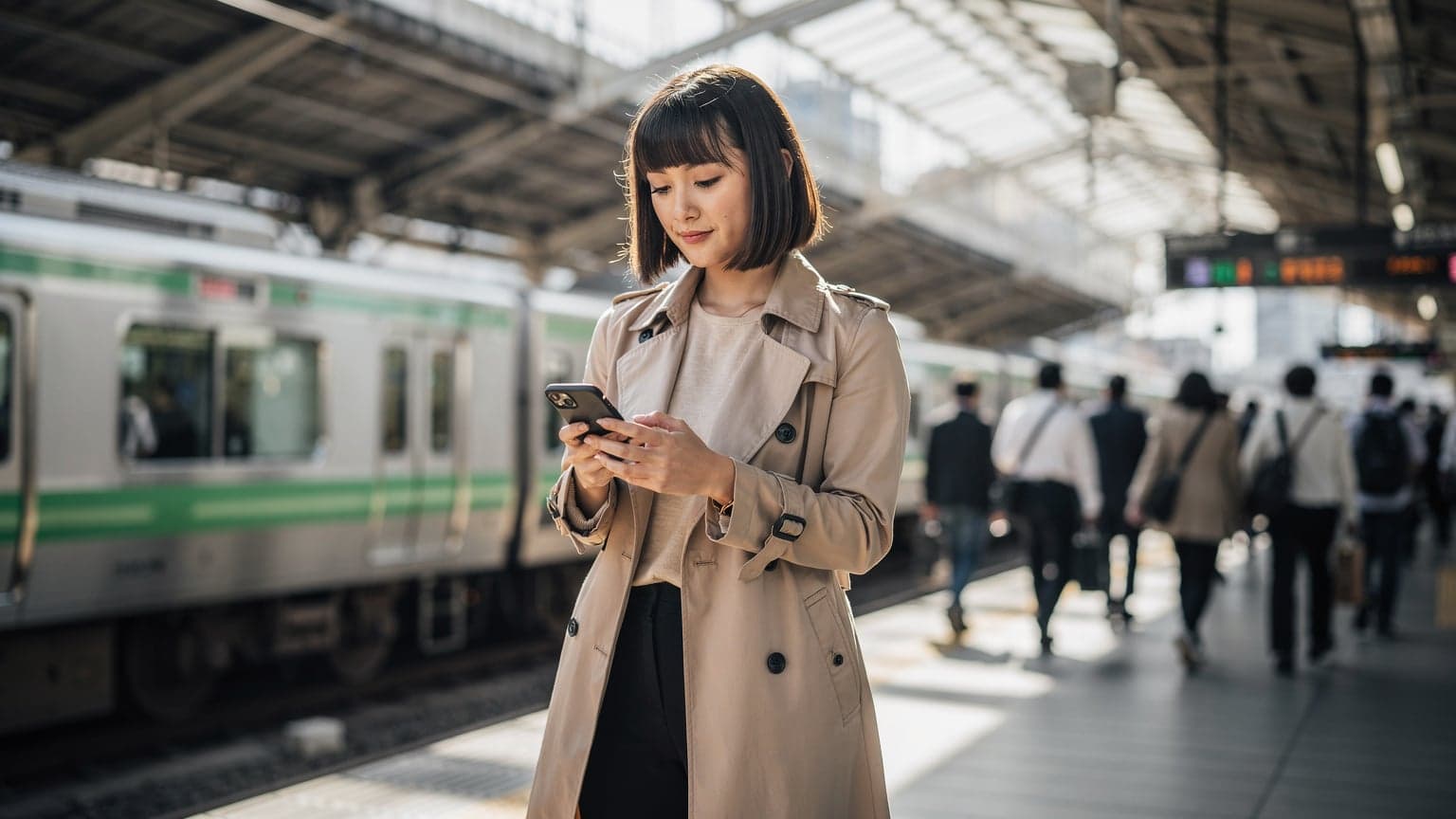 A woman confidently navigating a bustling train station in Tokyo, looking at her smartphone with a bright, engaged expression, with the iconic green Yamanote Line signs visible in the background.