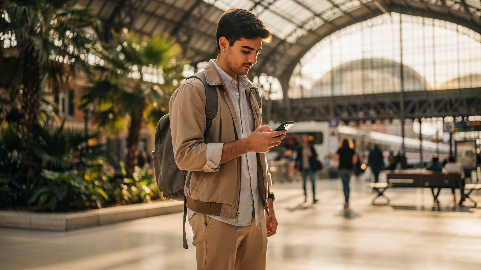Un viajero español consulta su smartphone compatible con eSIM en la estación de tren de Atocha en Madrid, con maletas y la arquitectura histórica de fondo.