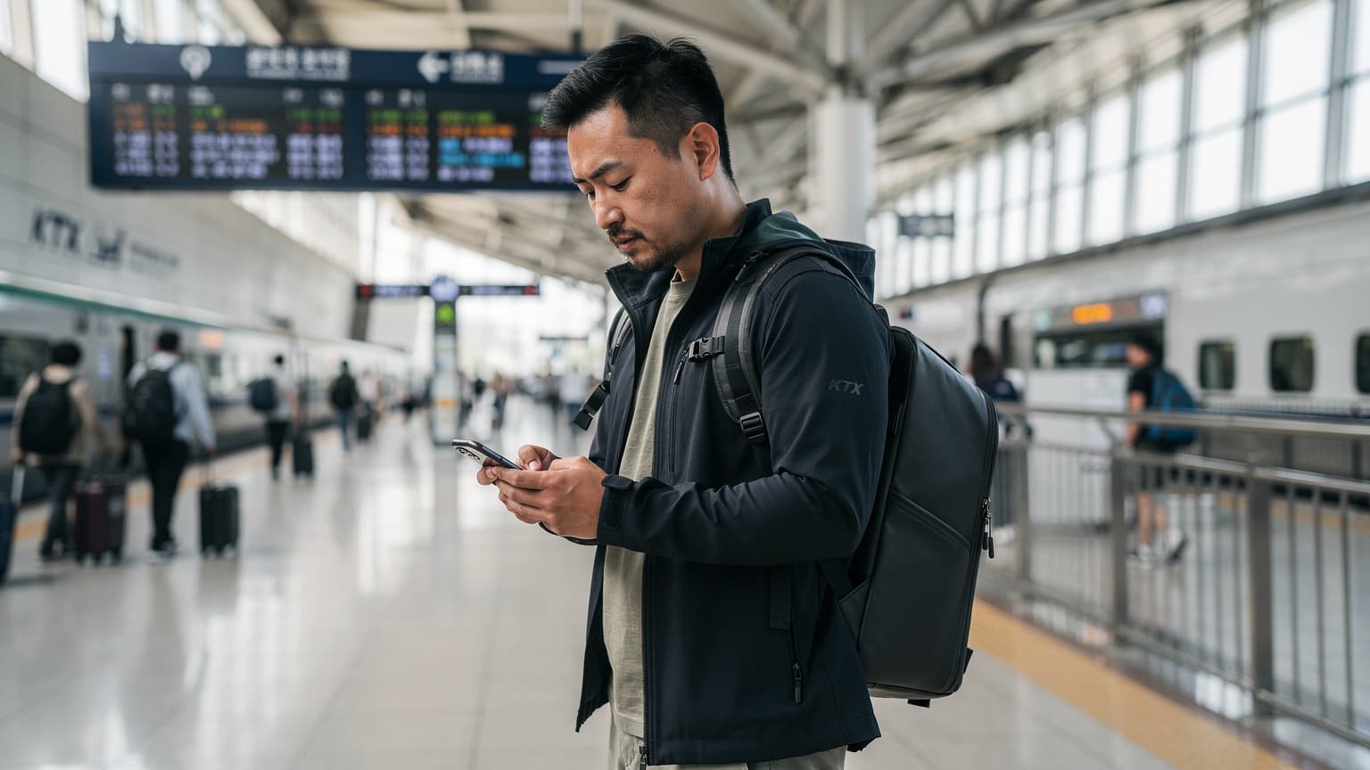 Un ingeniero telecomunicaciones revisa su teléfono mientras espera el tren en la estación de Seúl, con rascacielos modernos al fondo y un cartel electrónico de horarios.