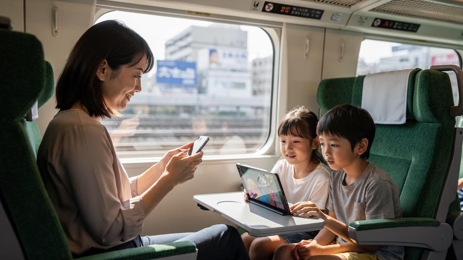 東京駅の新幹線ホームで、子どもがiPadで動画を見ている横で、母親がiPhone 18のeSIM設定画面を確認している様子。