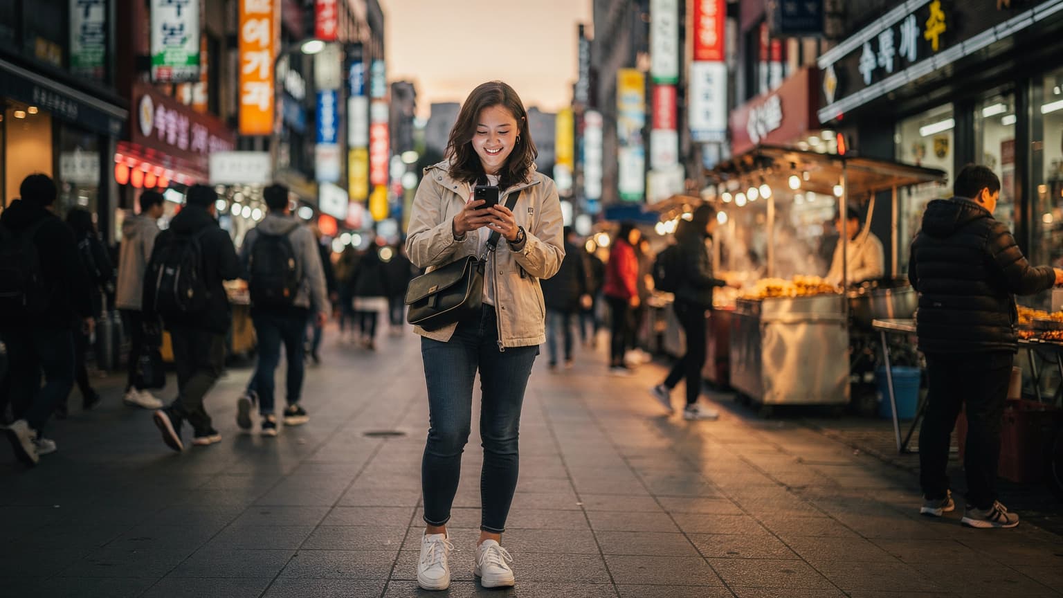 Une femme souriante, un smartphone à la main, navigue dans le quartier animé de Myeongdong à Séoul, avec des néons et des passants en arrière-plan sous un ciel crépusculaire.