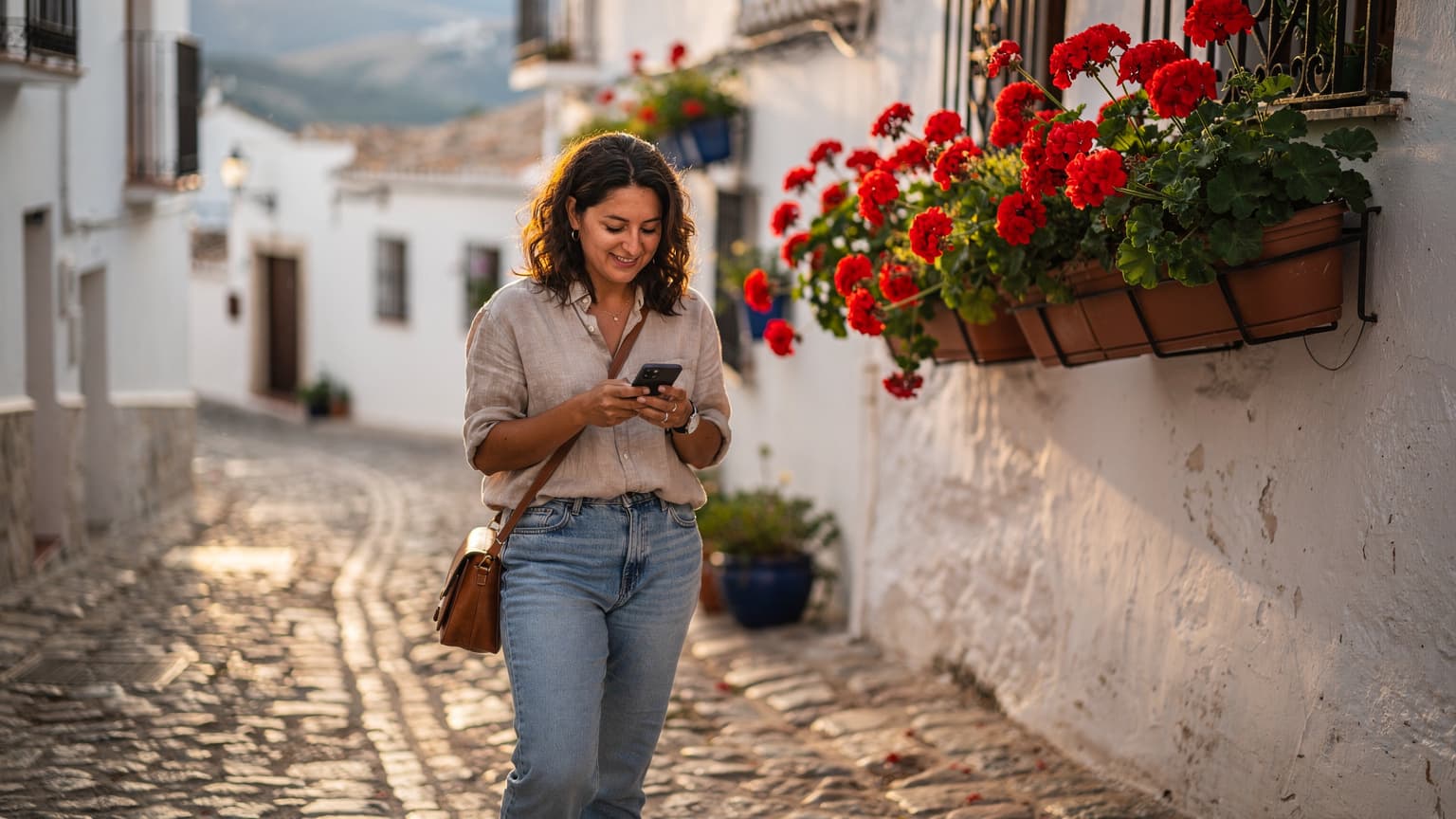 Una viajera activa revisa su teléfono en una calle empedrada de un pueblo blanco andaluz, con balcones floridos y la luz del atardecer. Lleva una mochila ligera y un sombrero.