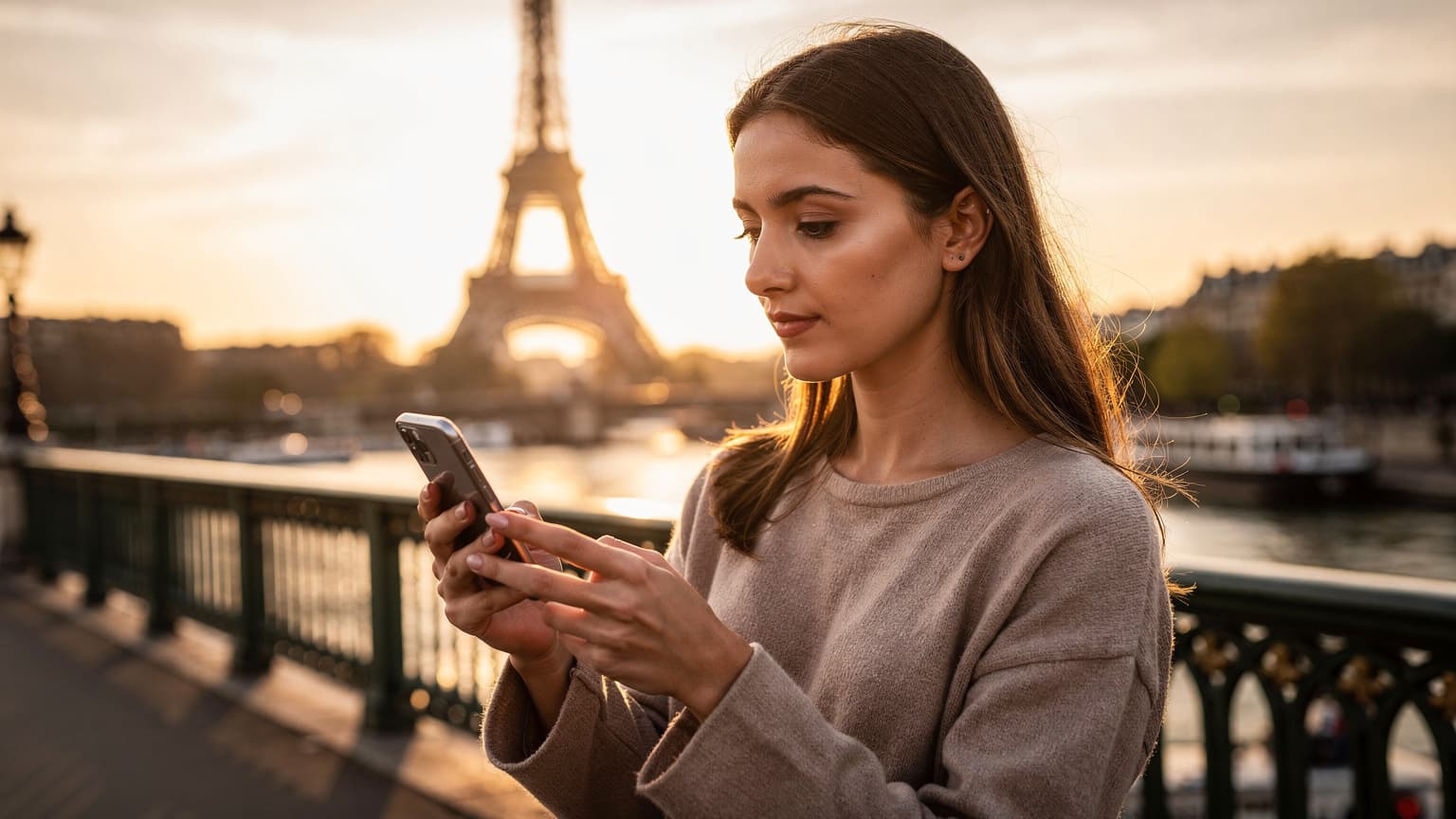 O persoană consultă harta pe telefonul său, cu fundalul Turnului Eiffel din Paris la apus, ilustrând conectivitatea eSIM în timpul unui city break european.