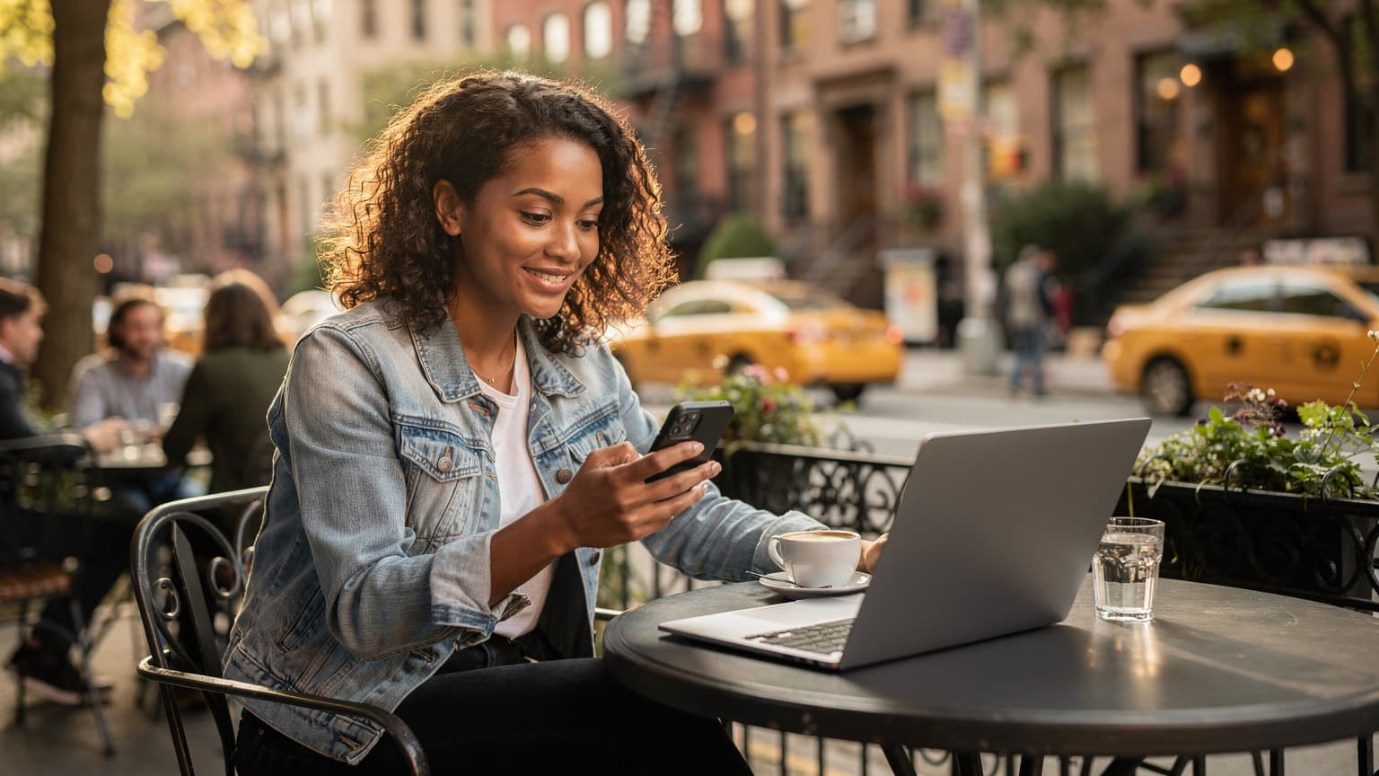 Una donna seduta a un tavolo di un caffè di New York, con un laptop aperto e uno smartphone in mano, che controlla le notifiche. Lo sfondo mostra una strada trafficata con taxi gialli.