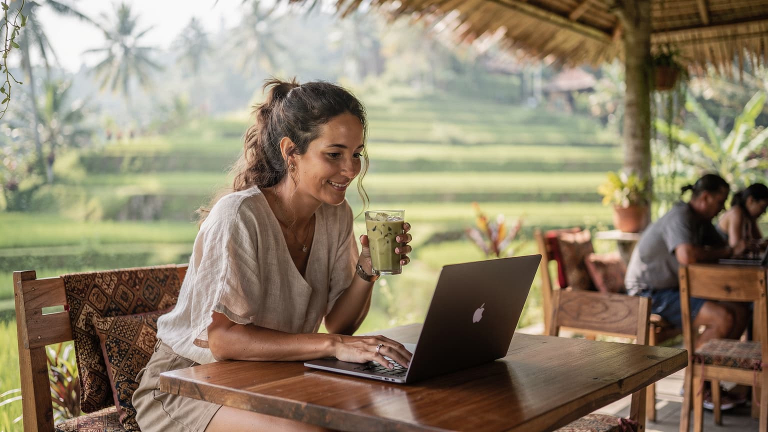 Seorang wanita digital nomad dengan laptop di kafe tepi sawah di Ubud, Bali, sedang video call dengan latar belakang hijau subur dan langit cerah musim kemarau.