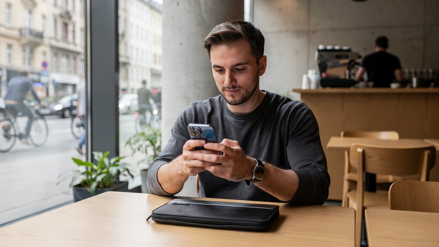 Eine Person sitzt in einem modernen Café in Berlin-Mitte, trinkt Kaffee und prüft auf ihrem Smartphone die eSIM-Kompatibilität, während im Hintergrund die geschäftige Straße zu sehen ist.