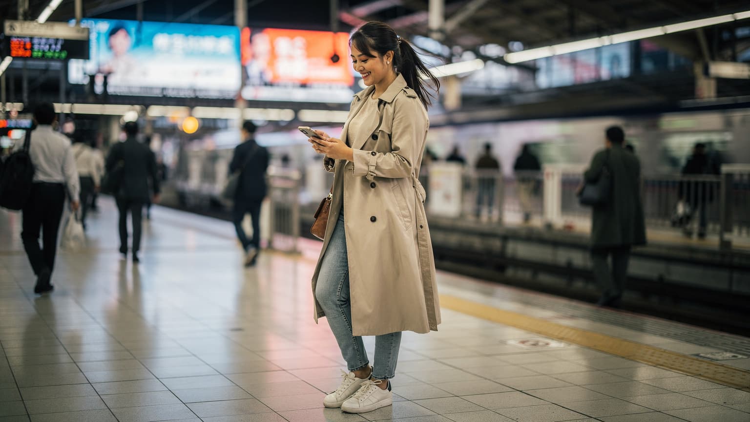 Seorang wanita muda tersenyum menggunakan ponselnya di stasiun kereta Shinjuku, Tokyo, dengan latar belakang keramaian dan papan informasi elektronik.