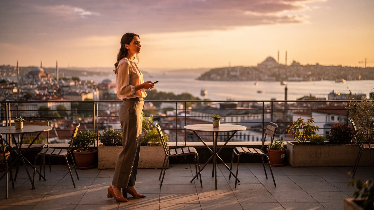 İstanbul'da tarihi bir binanın çatısında, elinde akıllı telefonuyla ufka bakan genç bir kadın. Gün batımı ışıkları şehri ve Boğaz'ı aydınlatıyor.