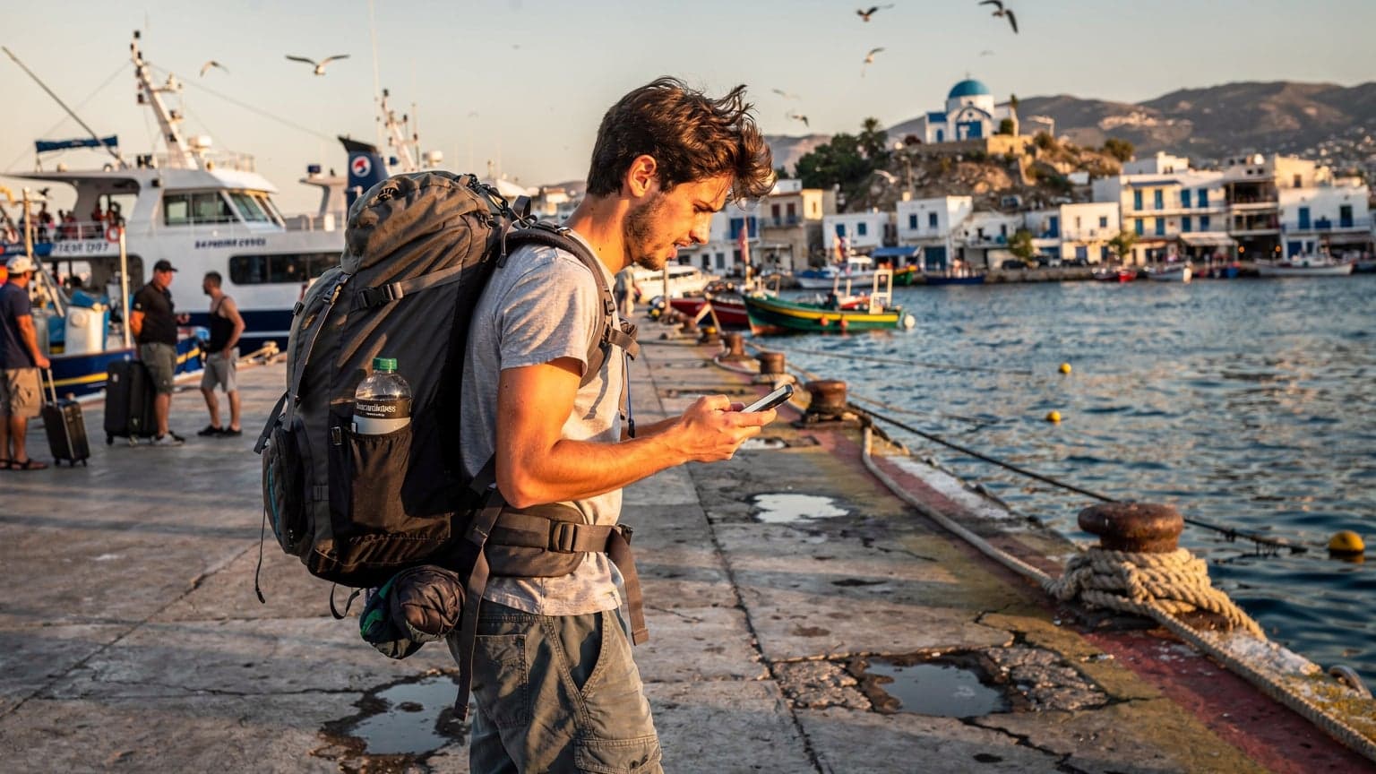 Un mochilero revisando su teléfono en el muelle de un ferry en el puerto del Pireo, Atenas, con el sol de la mañana iluminando el mar Egeo y los barcos atracados.