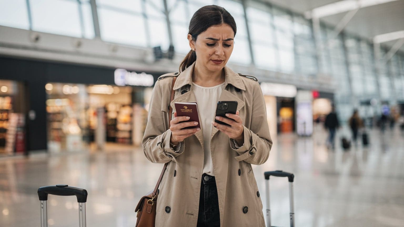 Bir Türk kadın gezgin, İstanbul Havalimanı dış hatlar terminalinde, elinde pasaportu ve akıllı telefonuyla, uçağına binmeden önce son kontrolleri yapıyor, hafif bir endişeyle ekrana bakıyor.