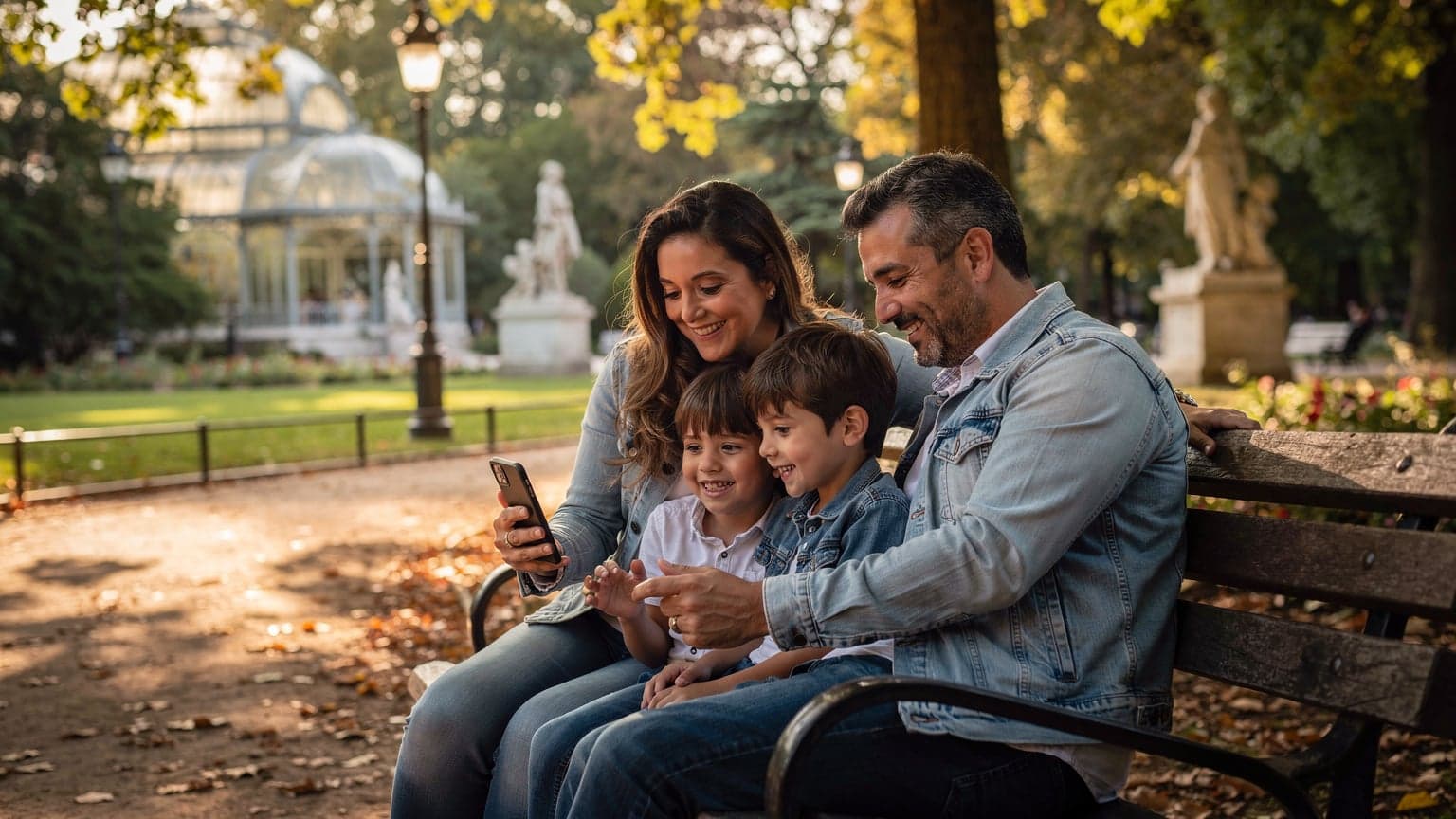 Madrid'deki Retiro Parkı'nda, güneşli bir öğleden sonra, küçük çocuklarıyla bankta oturan neşeli bir aile, telefonlarına bakarak bir şeyler planlıyor.