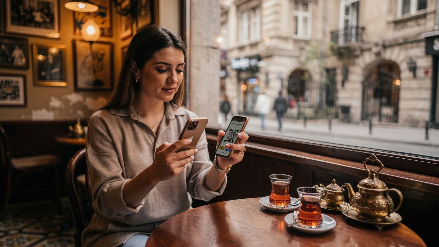 İstanbul'un Beyoğlu semtindeki tarihi bir pasajın kafesinde, bir kadın dizüstü bilgisayarında çalışırken telefonuyla eSIM QR kodunu tarıyor.